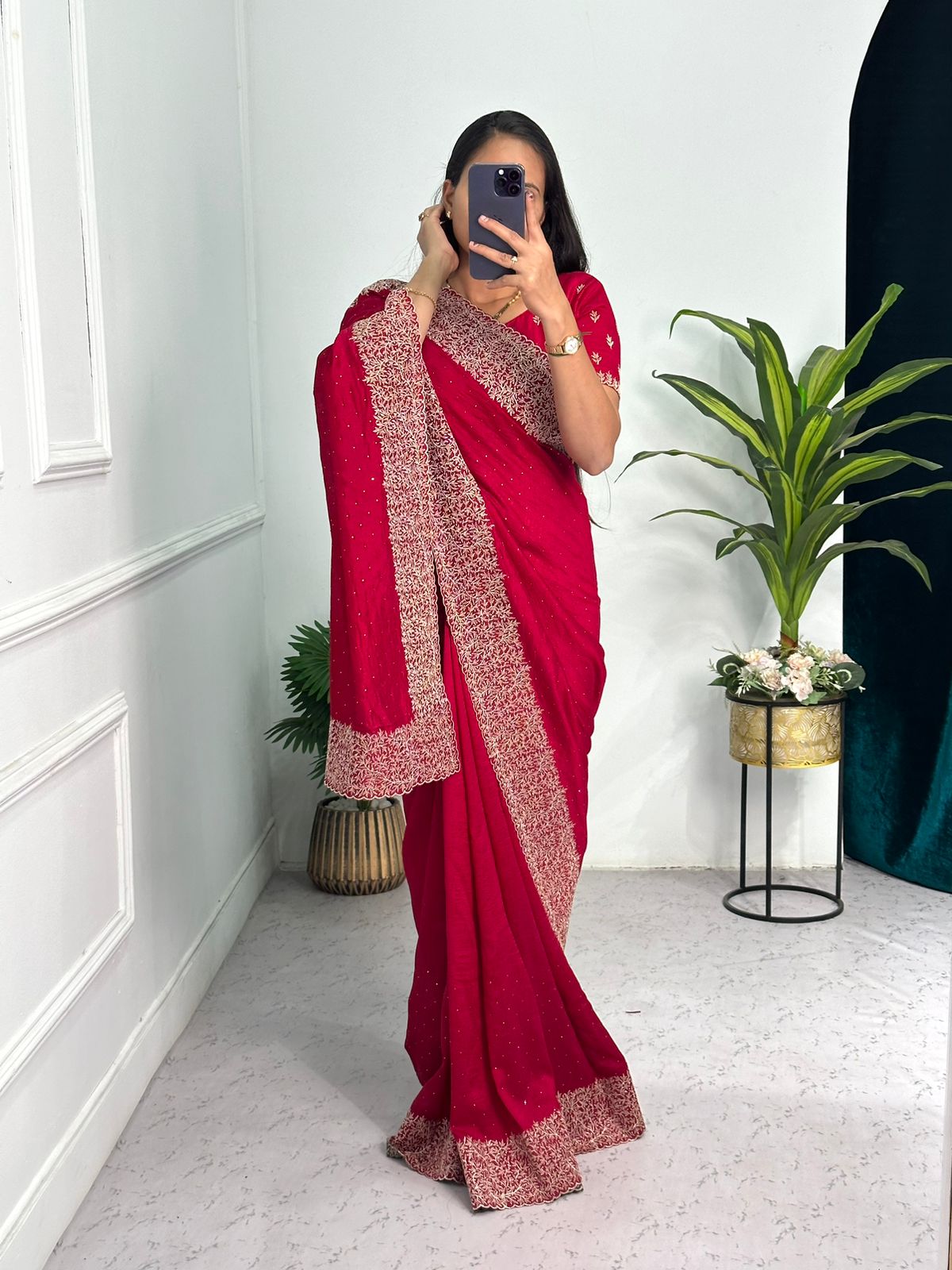 Superhit Diamond Embroidery Work Red Color Saree