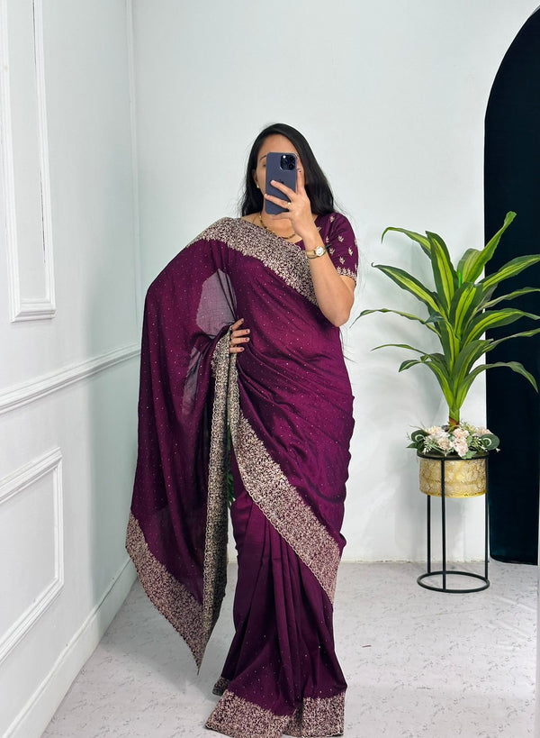 Superhit Diamond Embroidery Work Purple Color Saree
