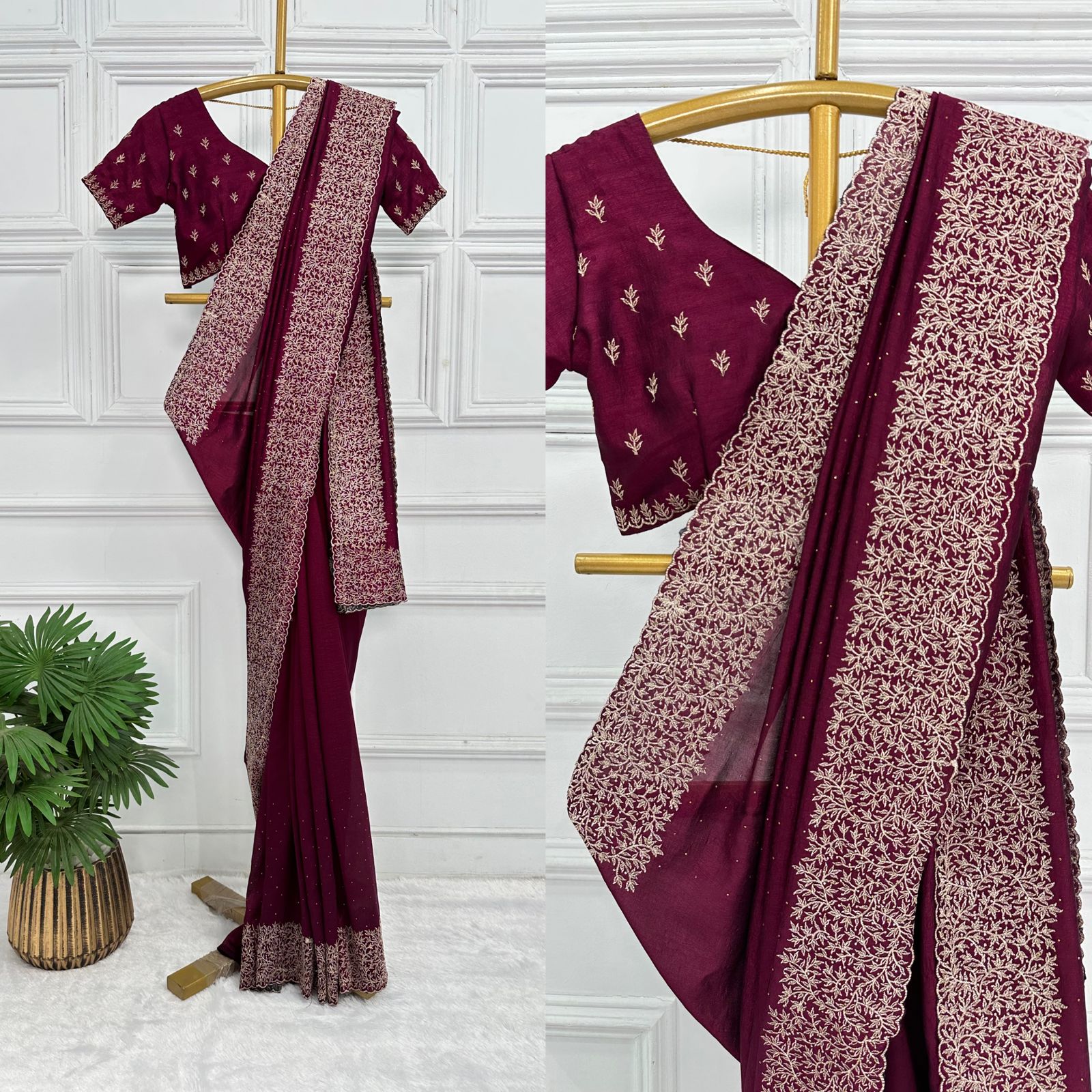 Superhit Diamond Embroidery Work Wine Color Saree