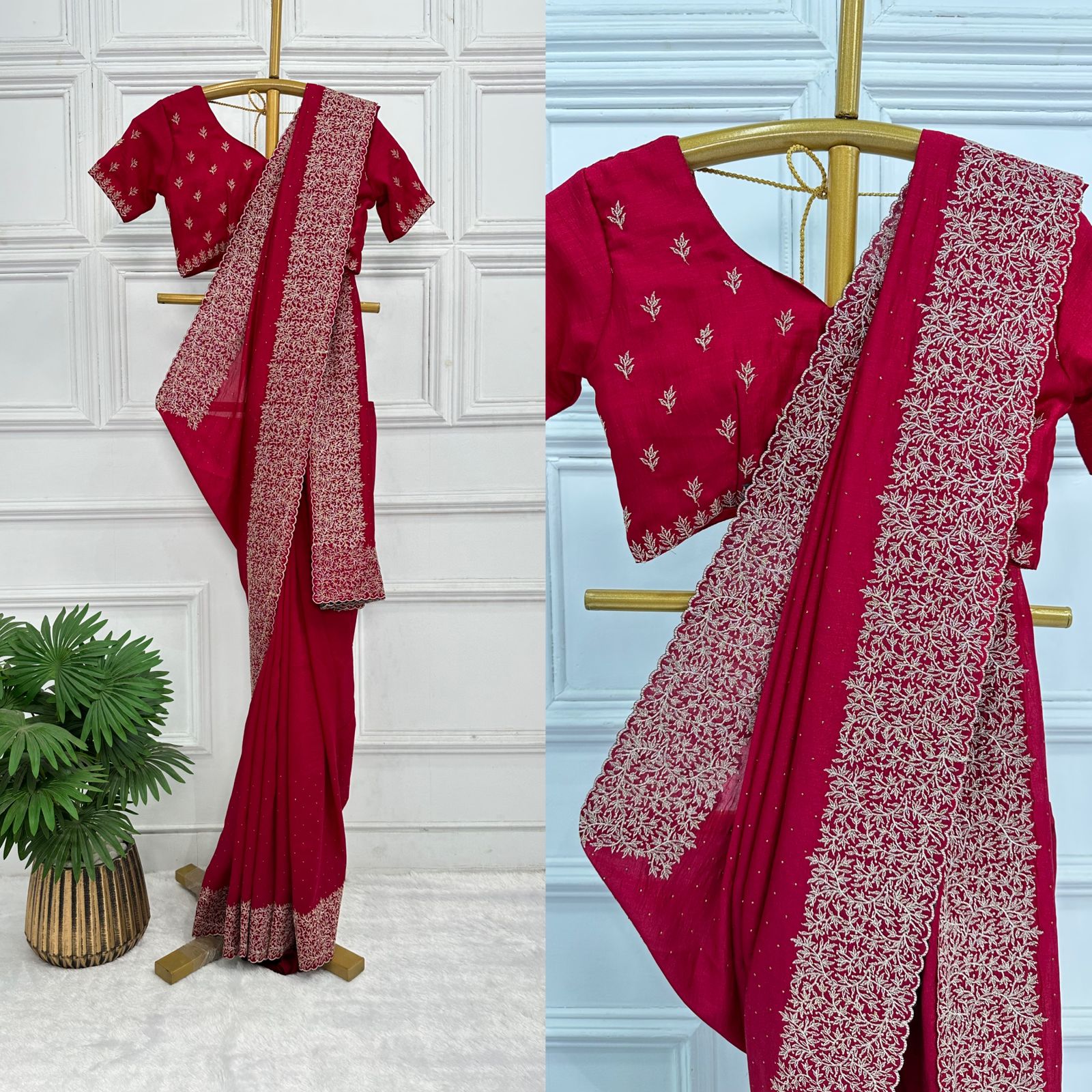 Superhit Diamond Embroidery Work Red Color Saree