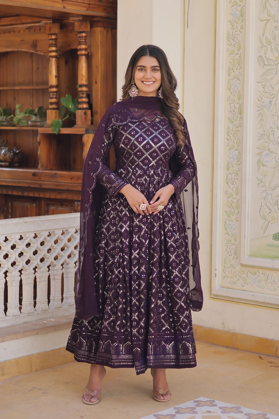 Admiring Embroidered Work Purple Color Gown With Dupatta