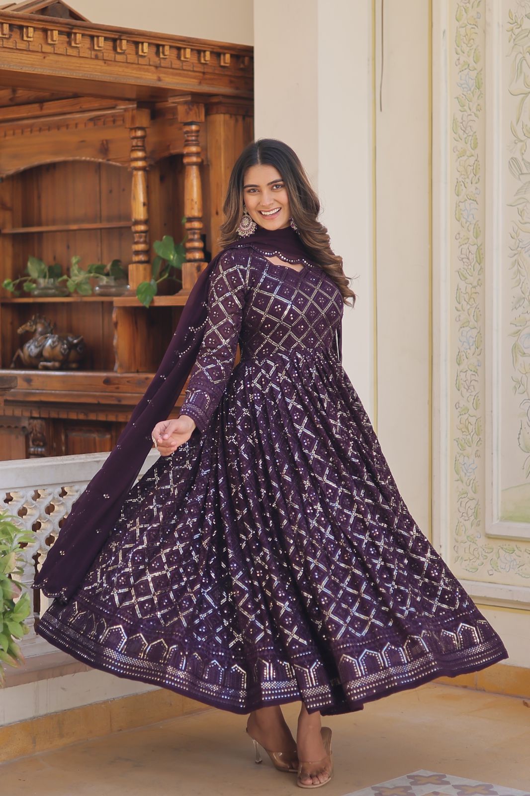 Admiring Embroidered Work Purple Color Gown With Dupatta