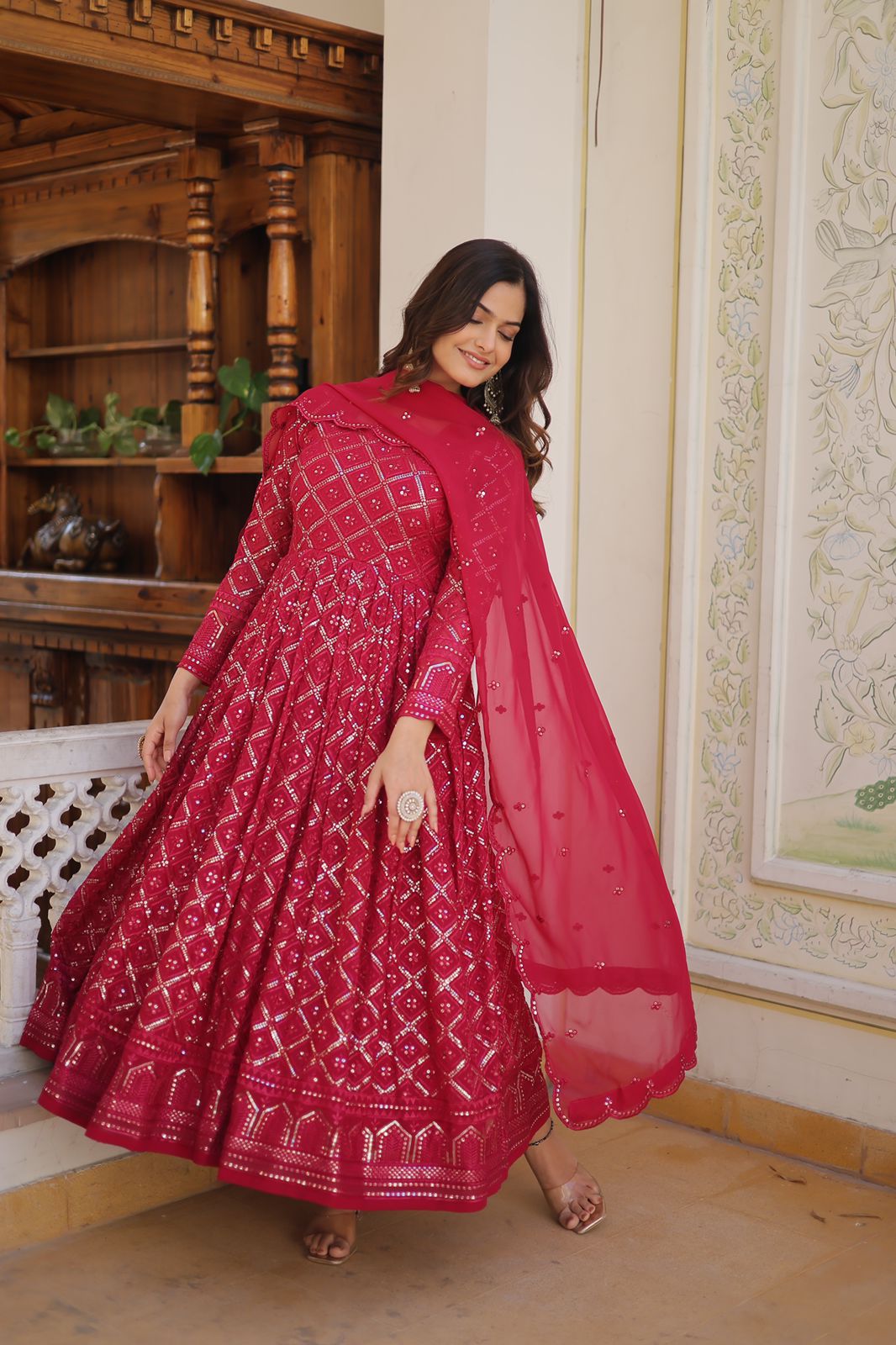 Admiring Embroidered Work Pink Color Gown With Dupatta