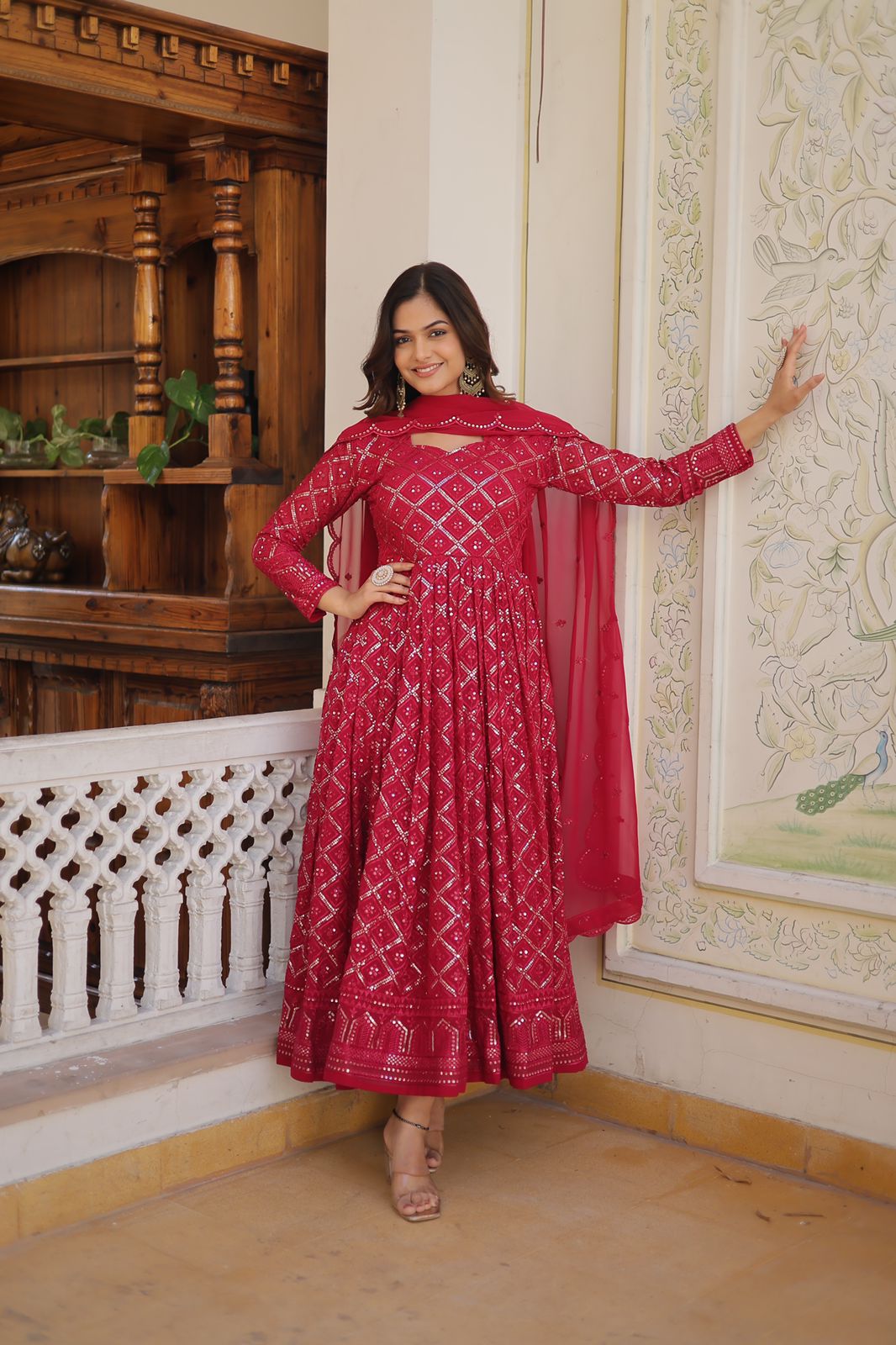 Admiring Embroidered Work Pink Color Gown With Dupatta