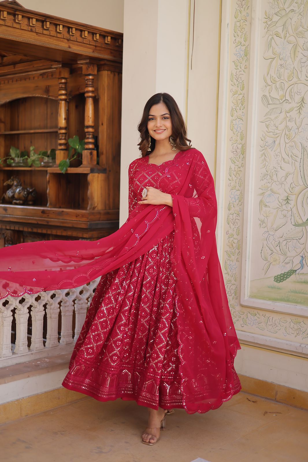 Admiring Embroidered Work Pink Color Gown With Dupatta