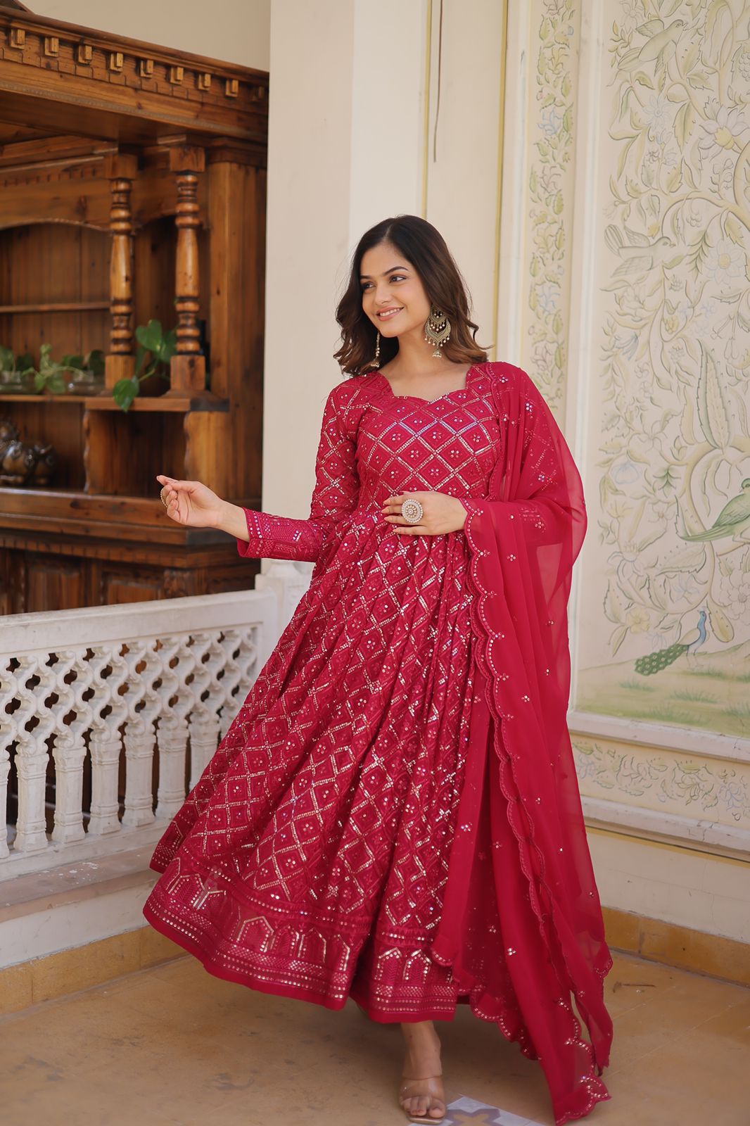 Admiring Embroidered Work Pink Color Gown With Dupatta