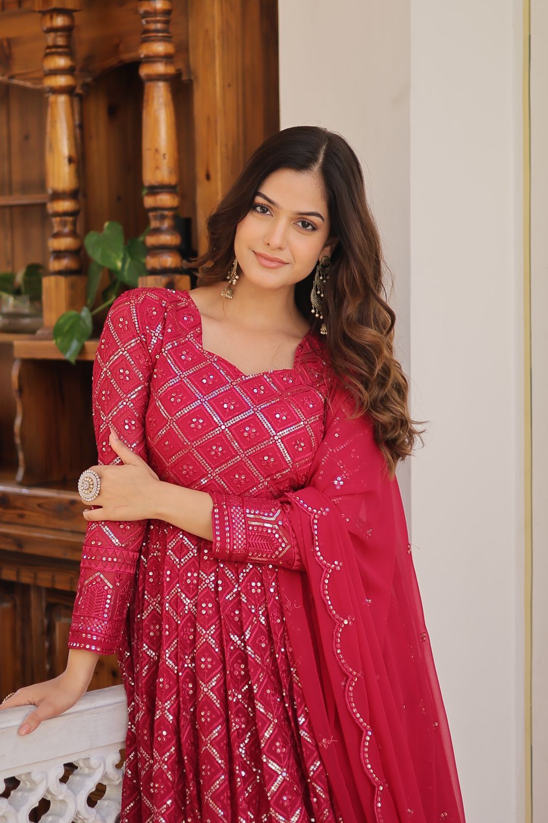 Admiring Embroidered Work Pink Color Gown With Dupatta