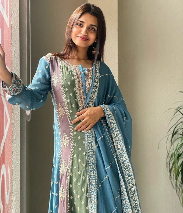 Pretty Embroidery Work Sky With Multi Color Palazzo Suit