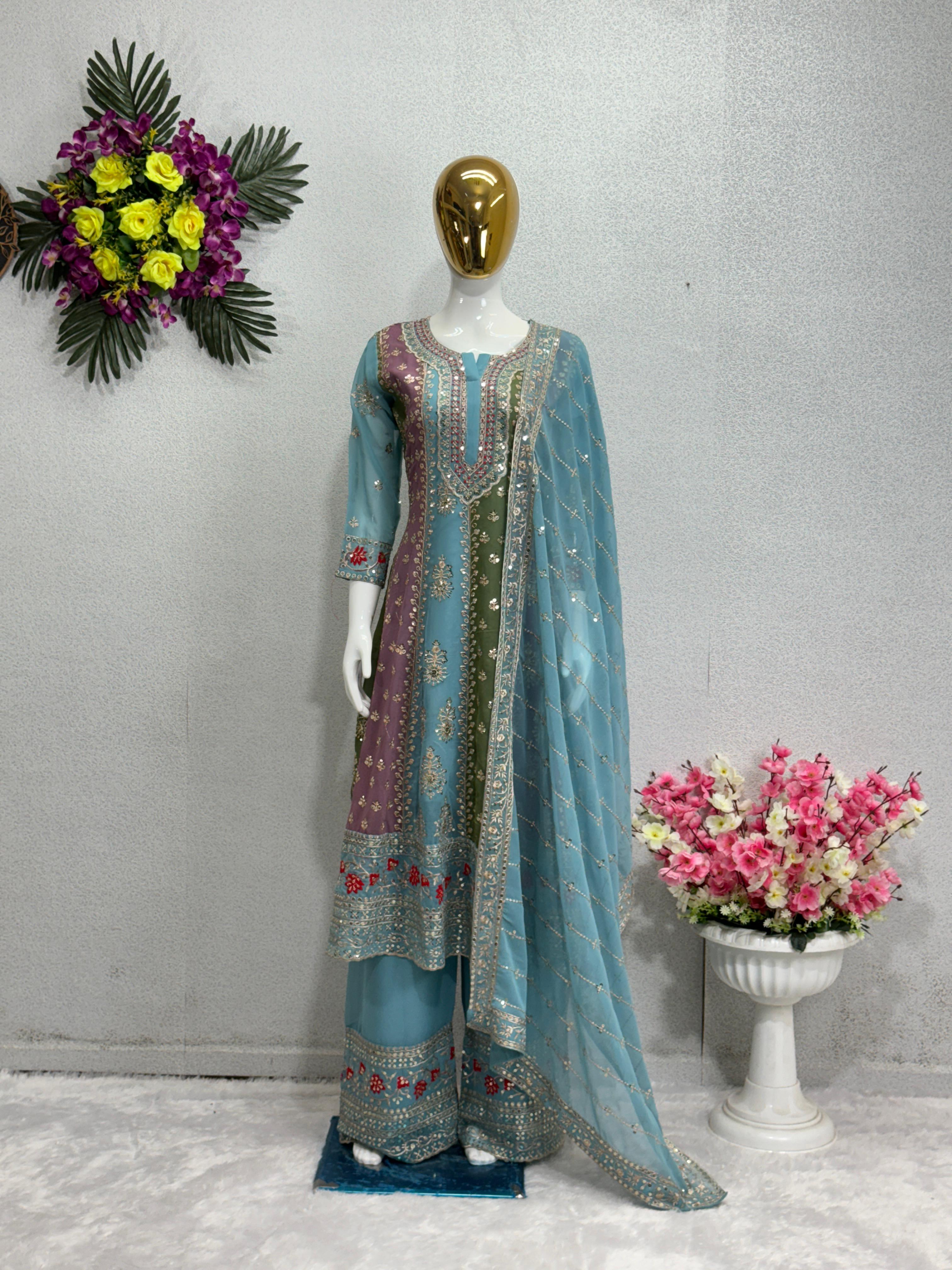 Pretty Embroidery Work Sky With Multi Color Palazzo Suit