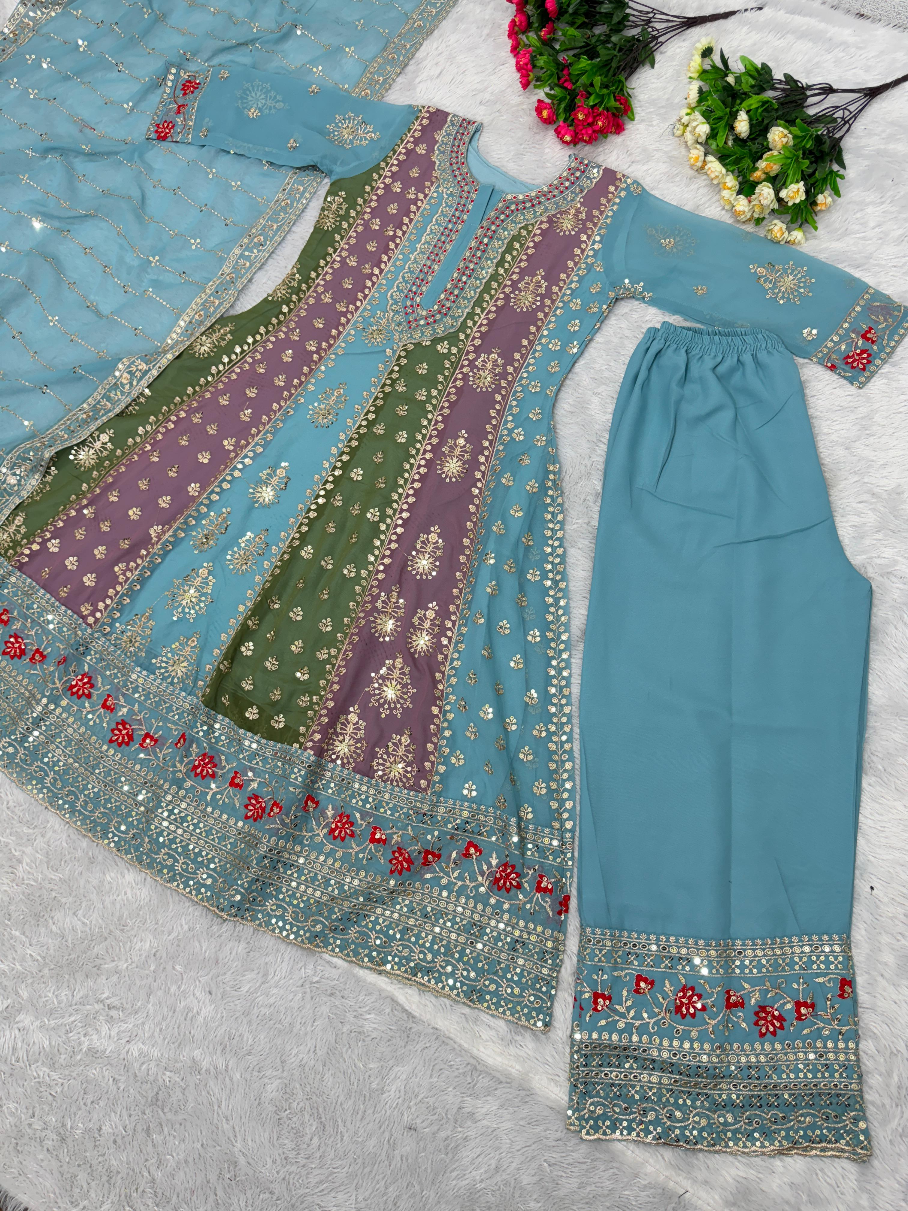 Pretty Embroidery Work Sky With Multi Color Palazzo Suit