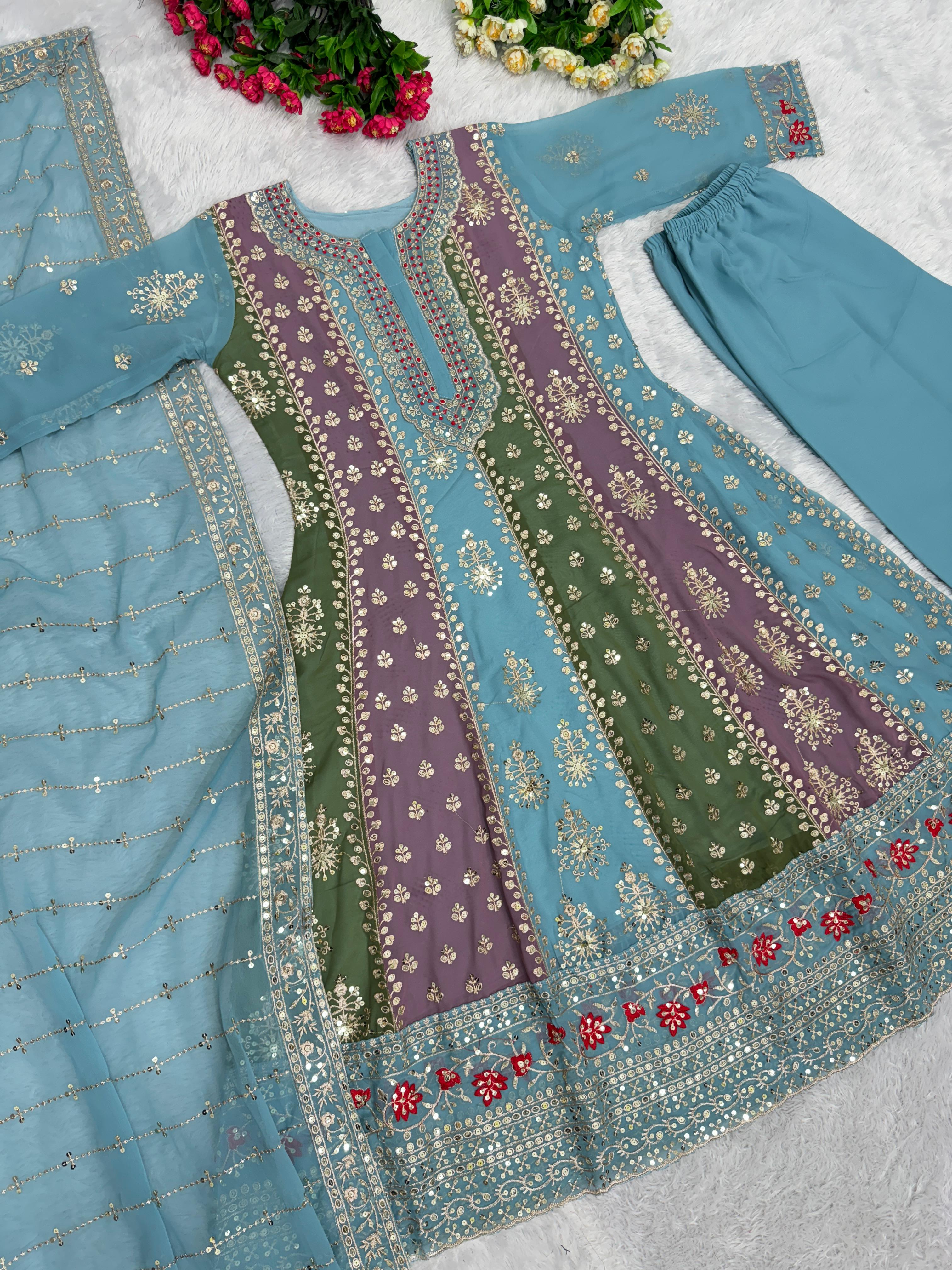 Pretty Embroidery Work Sky With Multi Color Palazzo Suit