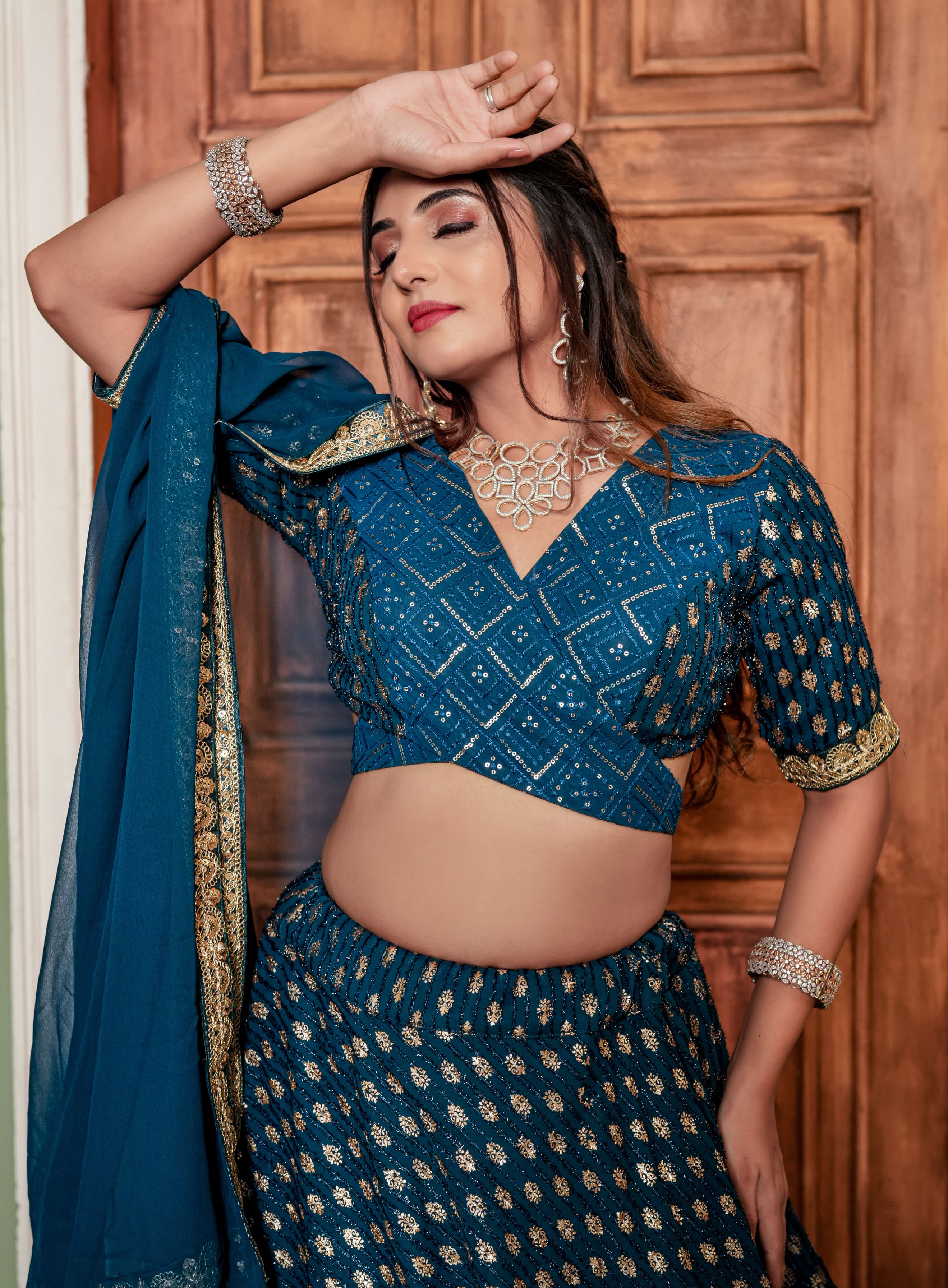 Engagement Bride Wear Teal Blue Color Lehenga Choli