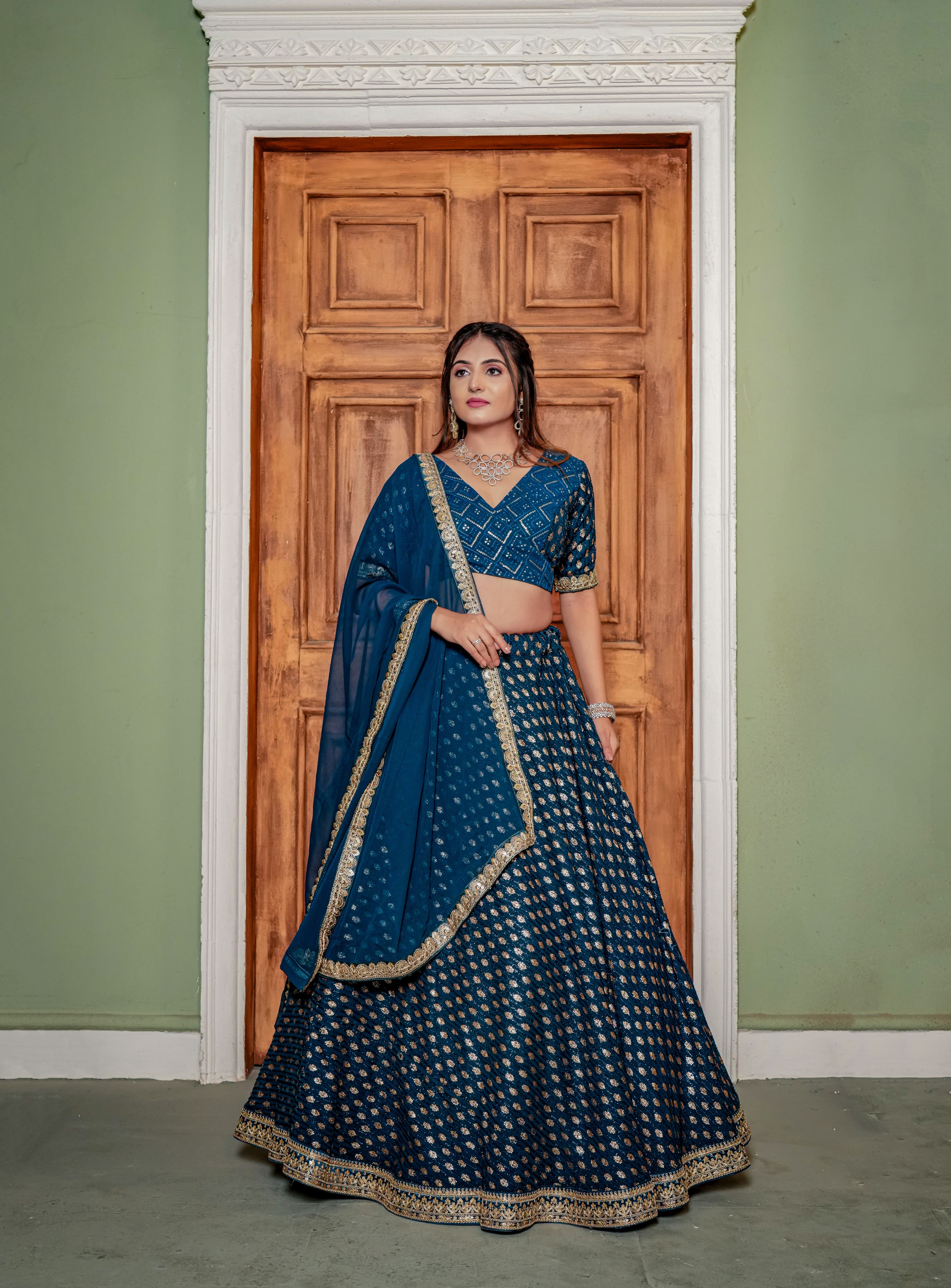 Engagement Bride Wear Teal Blue Color Lehenga Choli