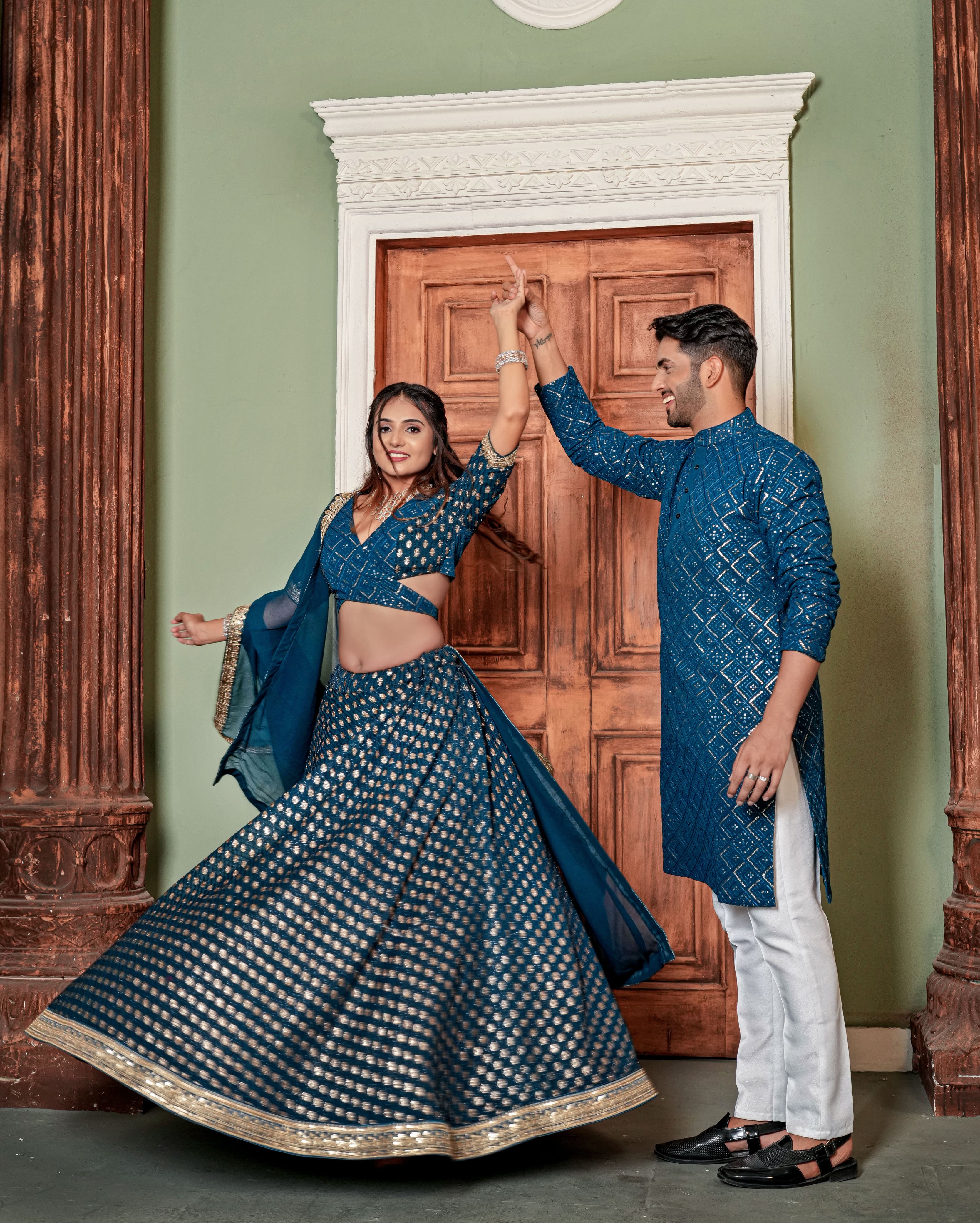 Shining Sequence Work Teal Blue Couple Sangeet Outfit