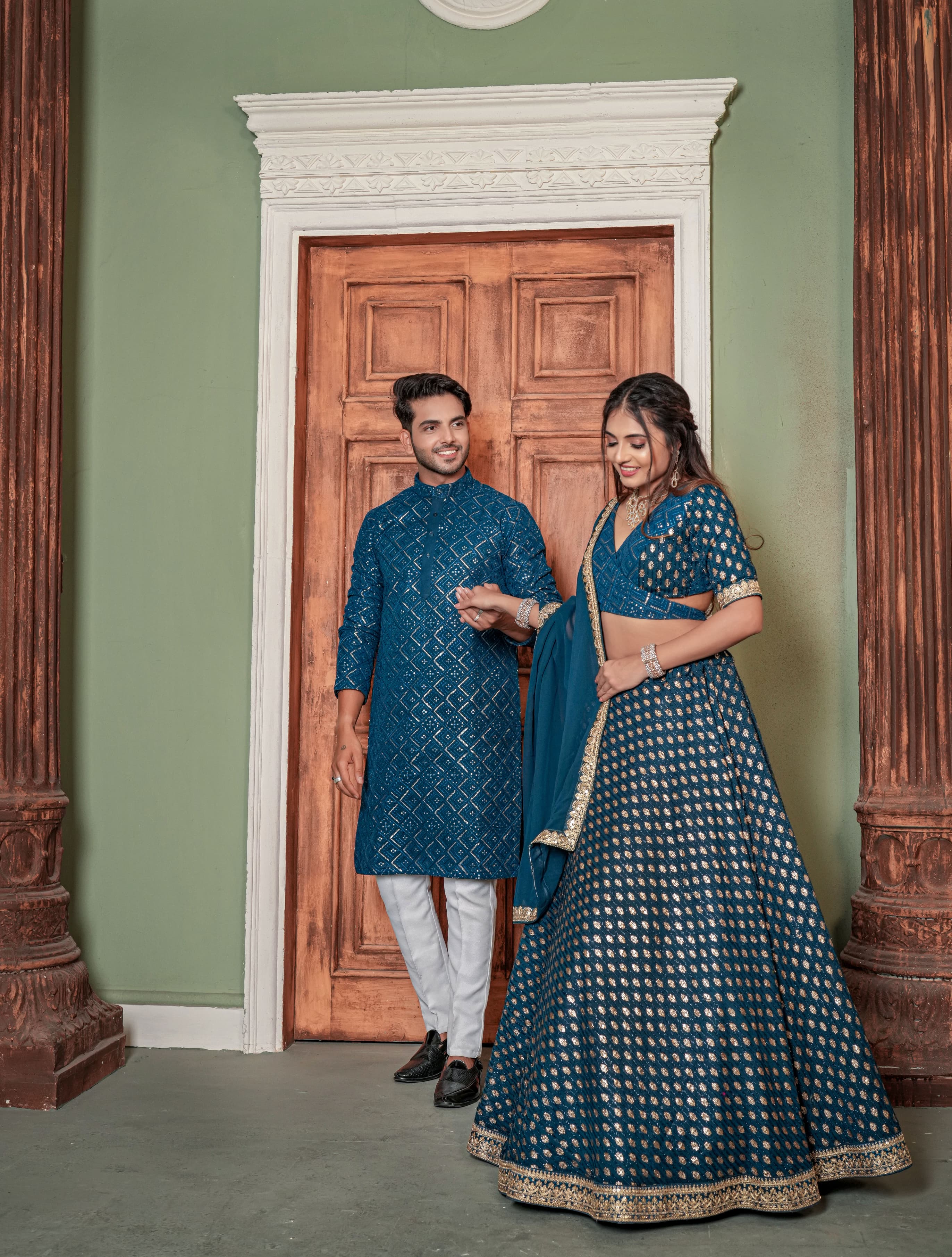 Shining Sequence Work Teal Blue Couple Sangeet Outfit