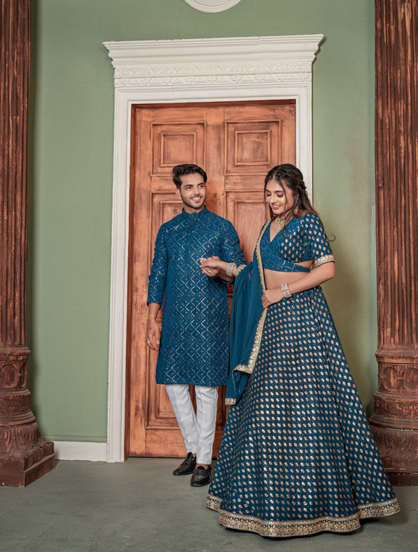 Shining Sequence Work Teal Blue Couple Sangeet Outfit