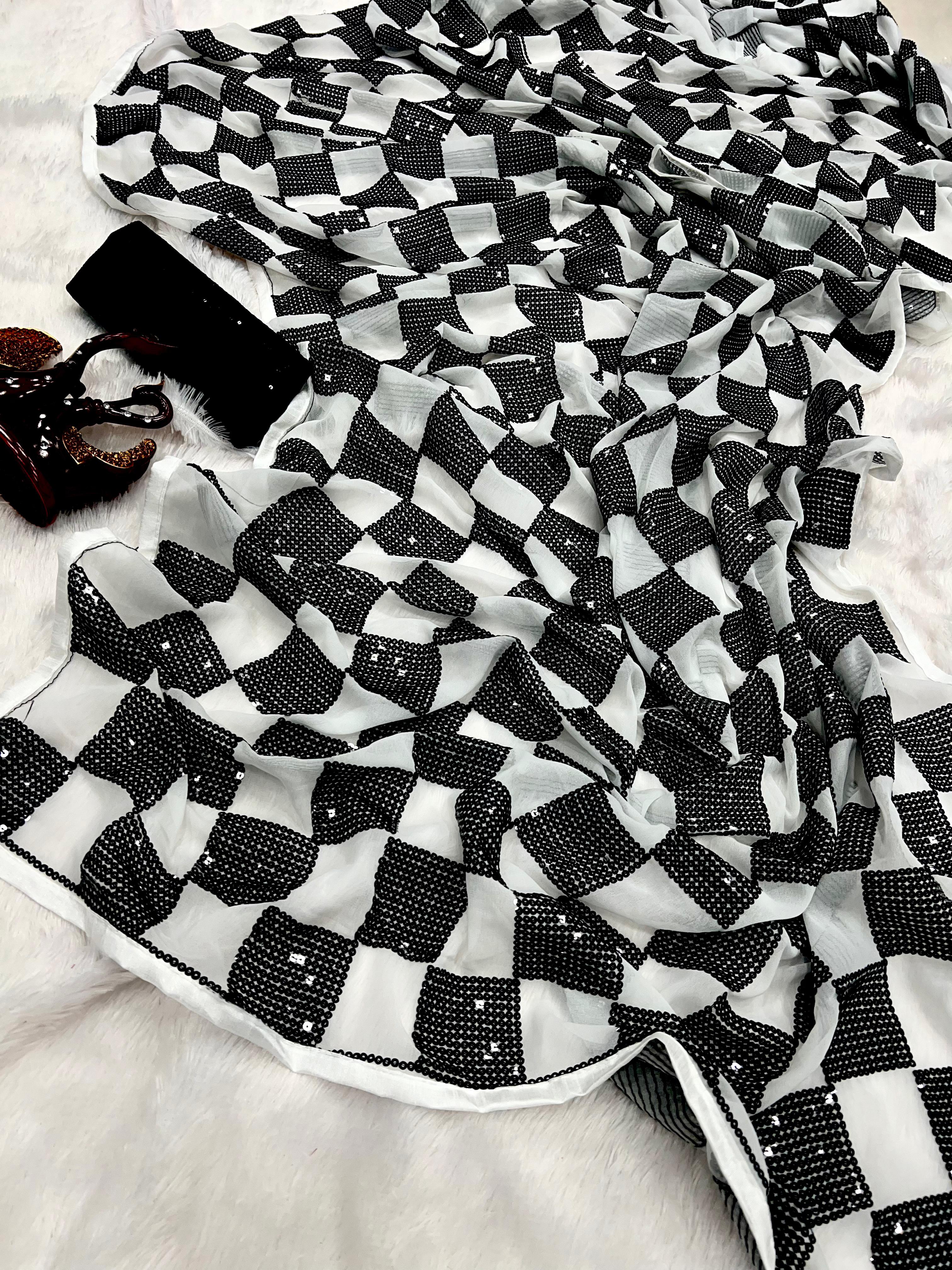 Embellished Black And White Sequence Work Saree