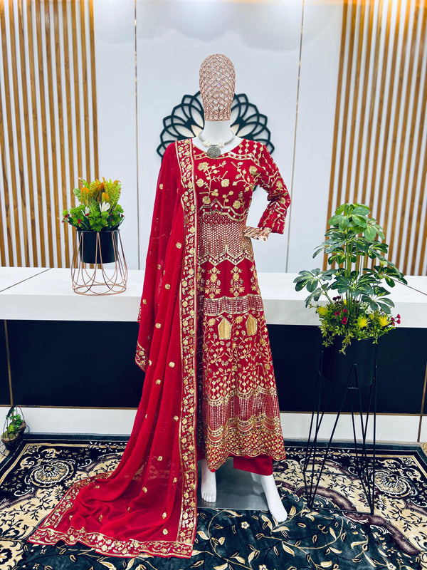 Red Color Heavy Embroidery Sequence Work Anarkali Suit