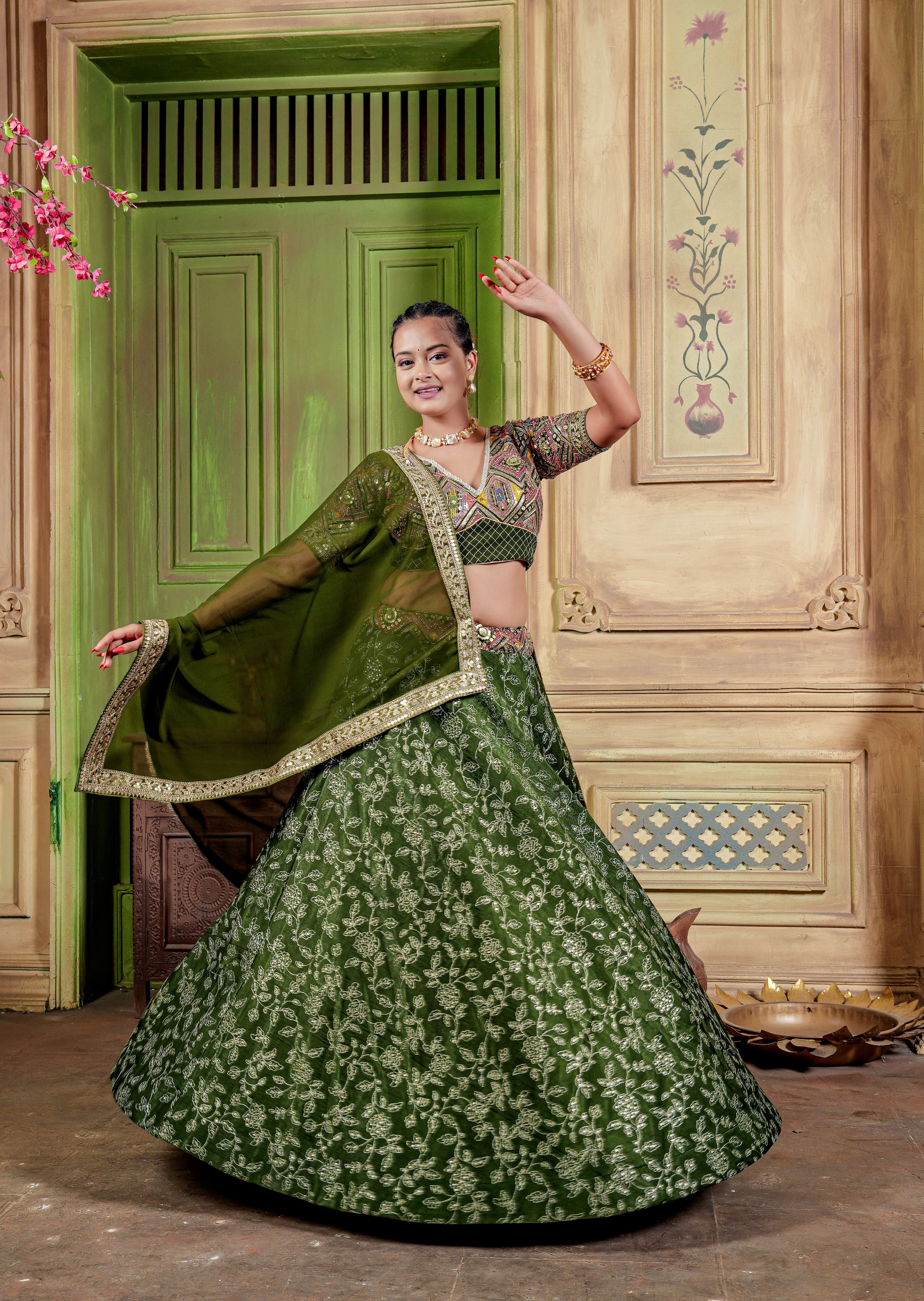 Fashionable Fully Work Mehndi Function Lehenga Choli