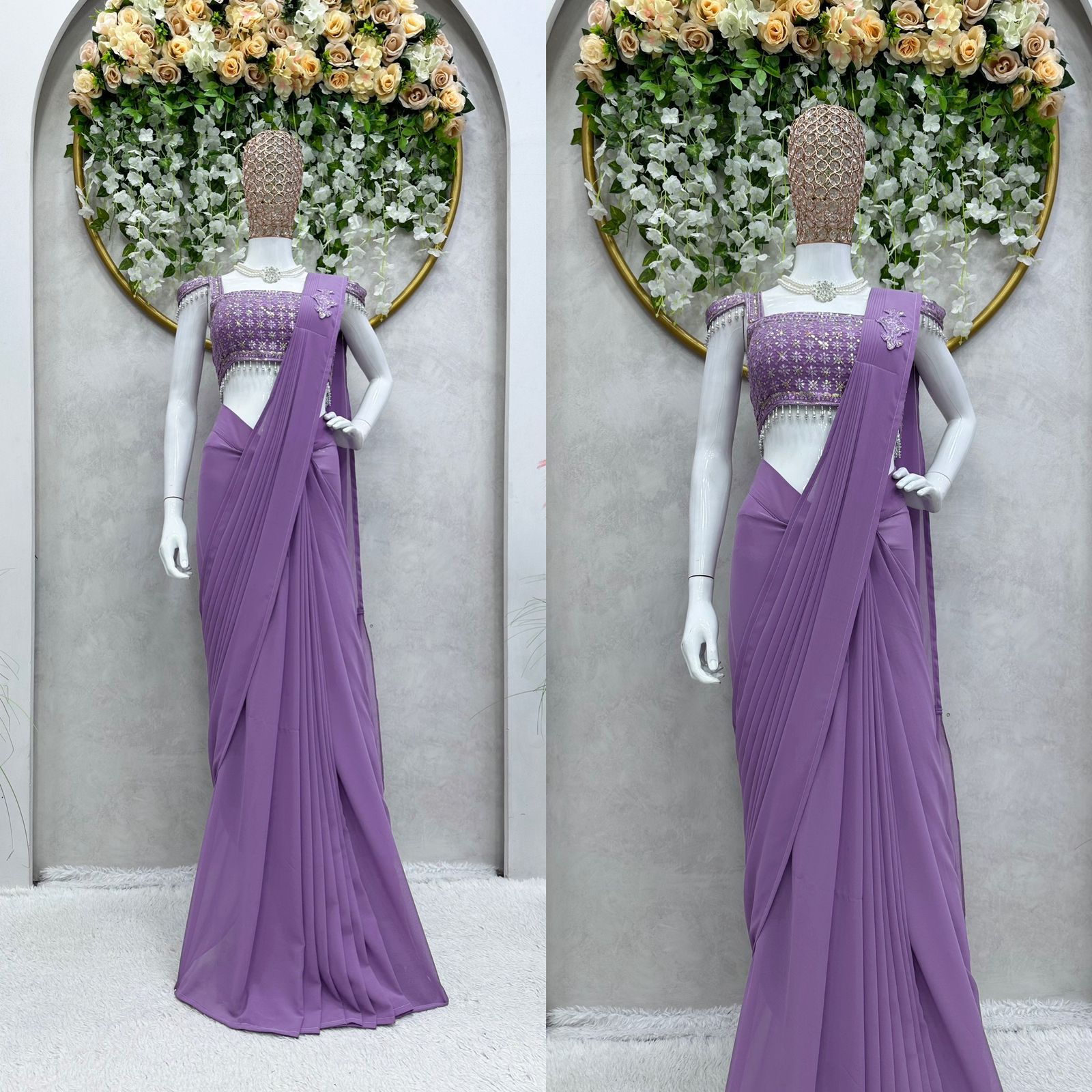 Fashionable Ready To Wear Lavender Color Saree With Blouse