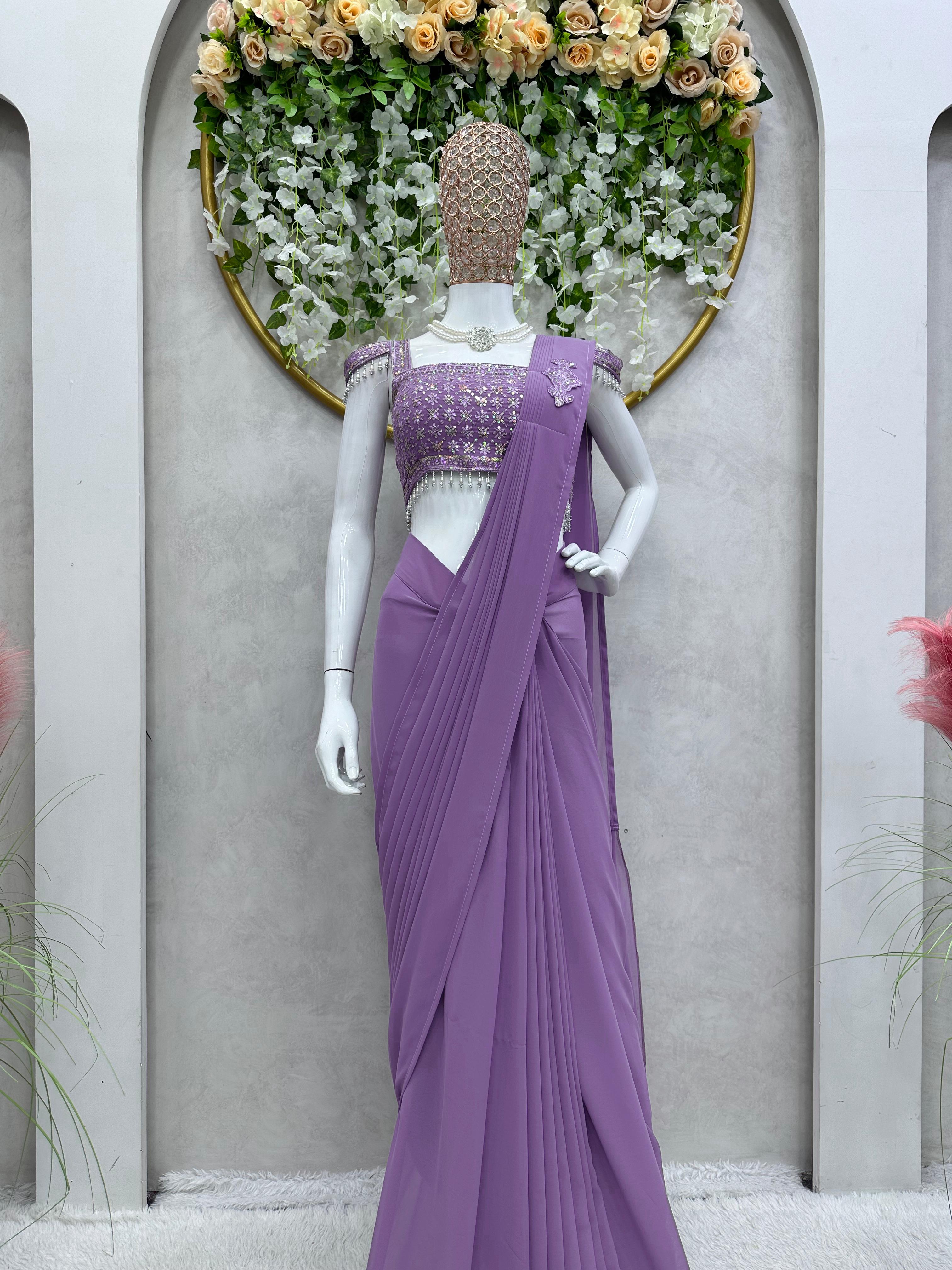 Fashionable Ready To Wear Lavender Color Saree With Blouse