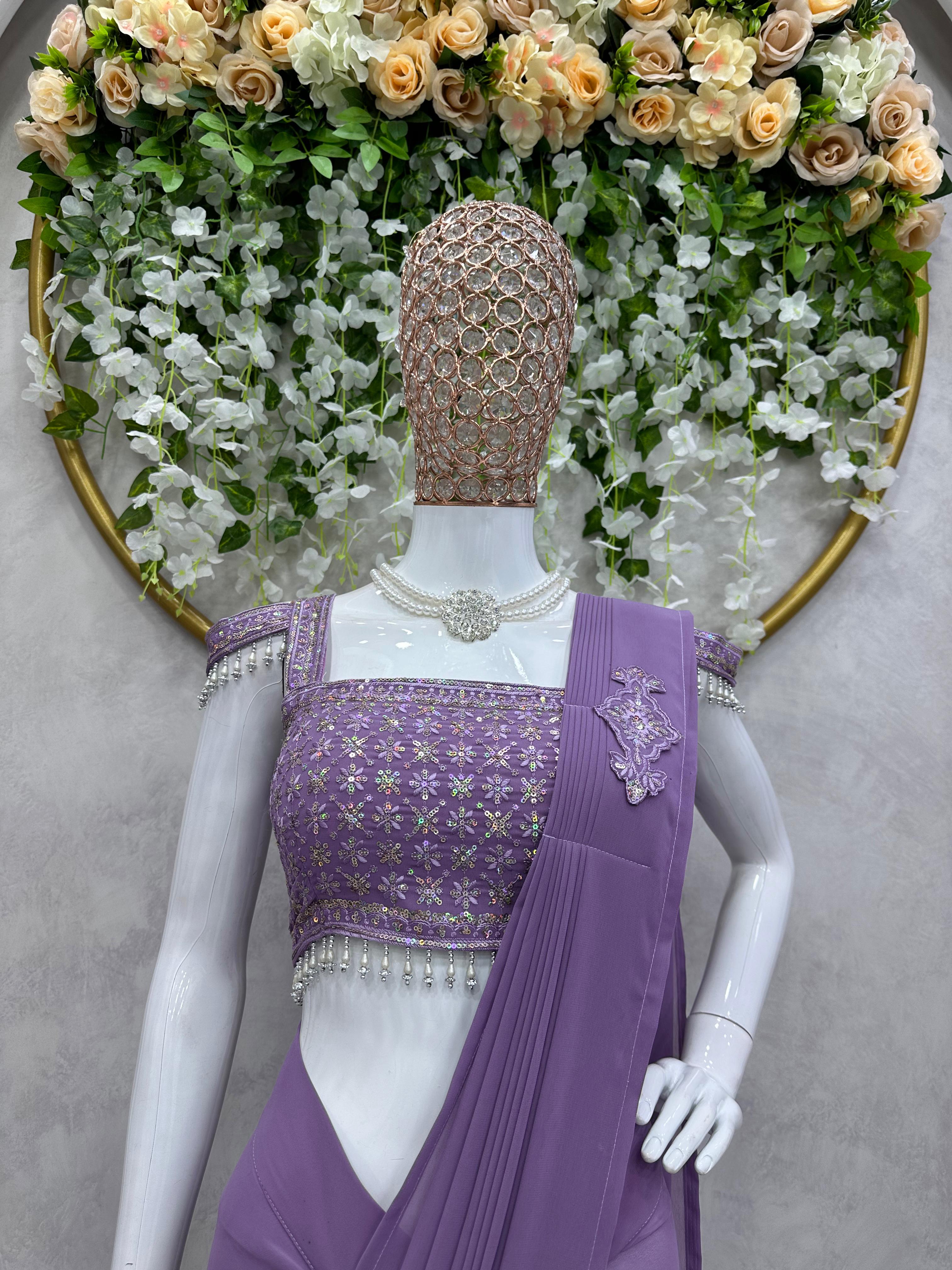 Fashionable Ready To Wear Lavender Color Saree With Blouse