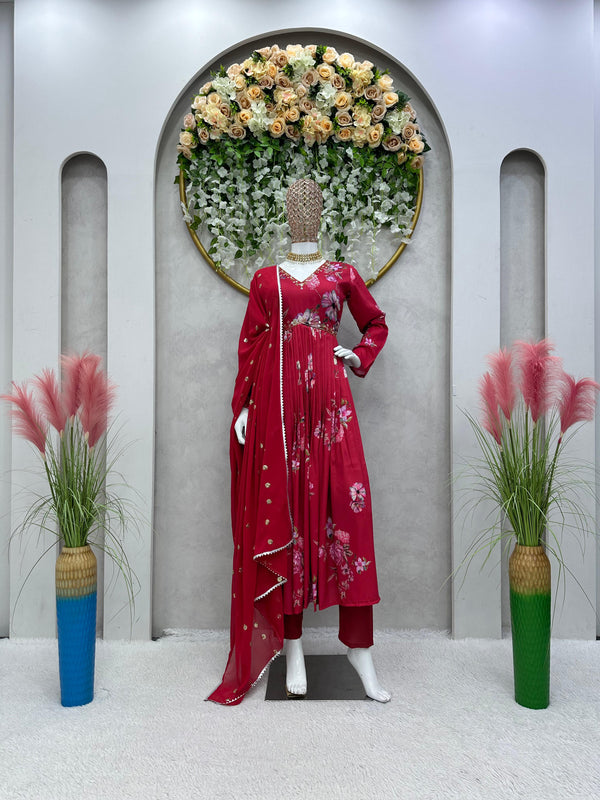 Handwork With Digital Printed Maroon Anarkali Suit