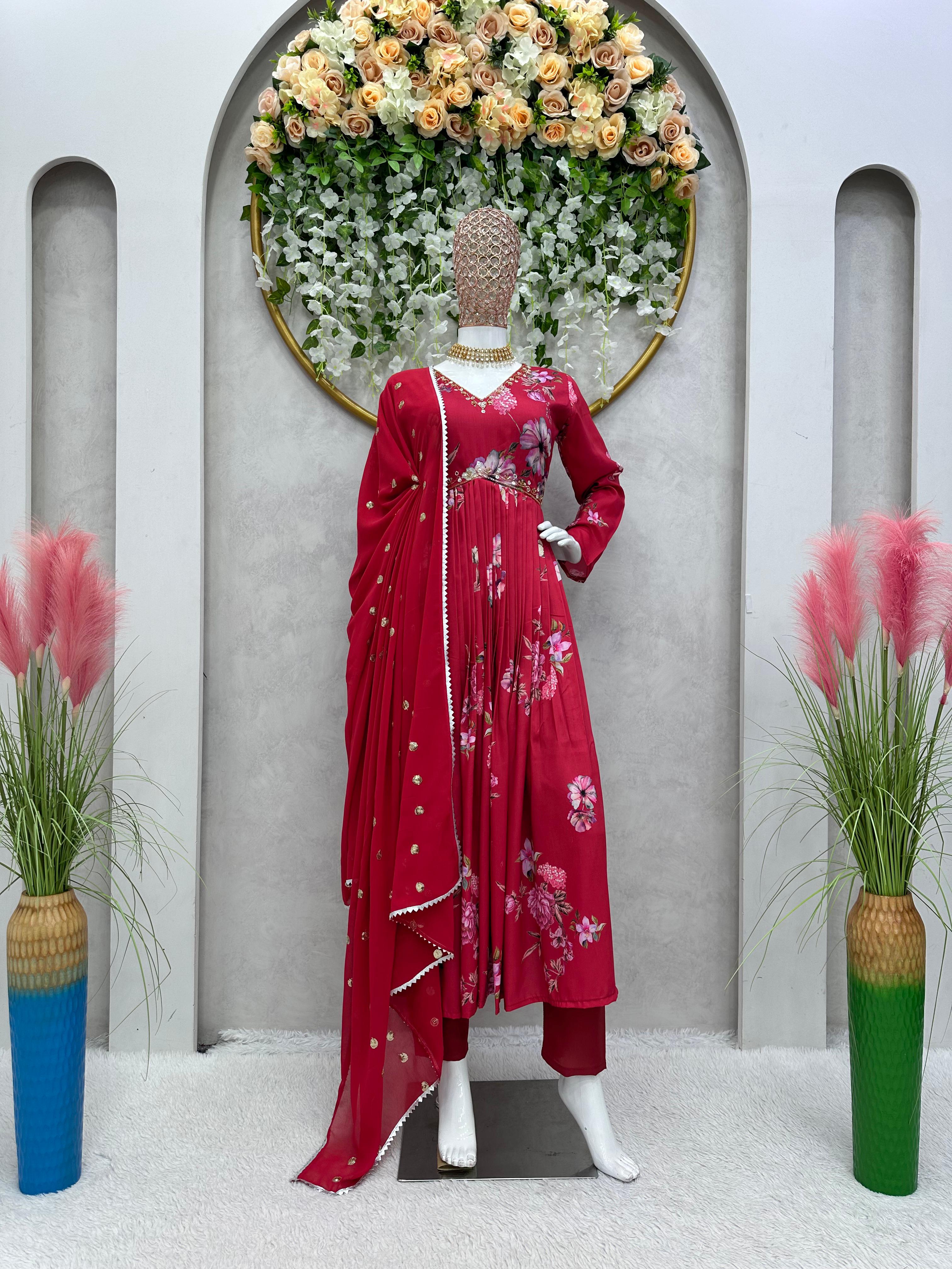 Handwork With Digital Printed Maroon Anarkali Suit