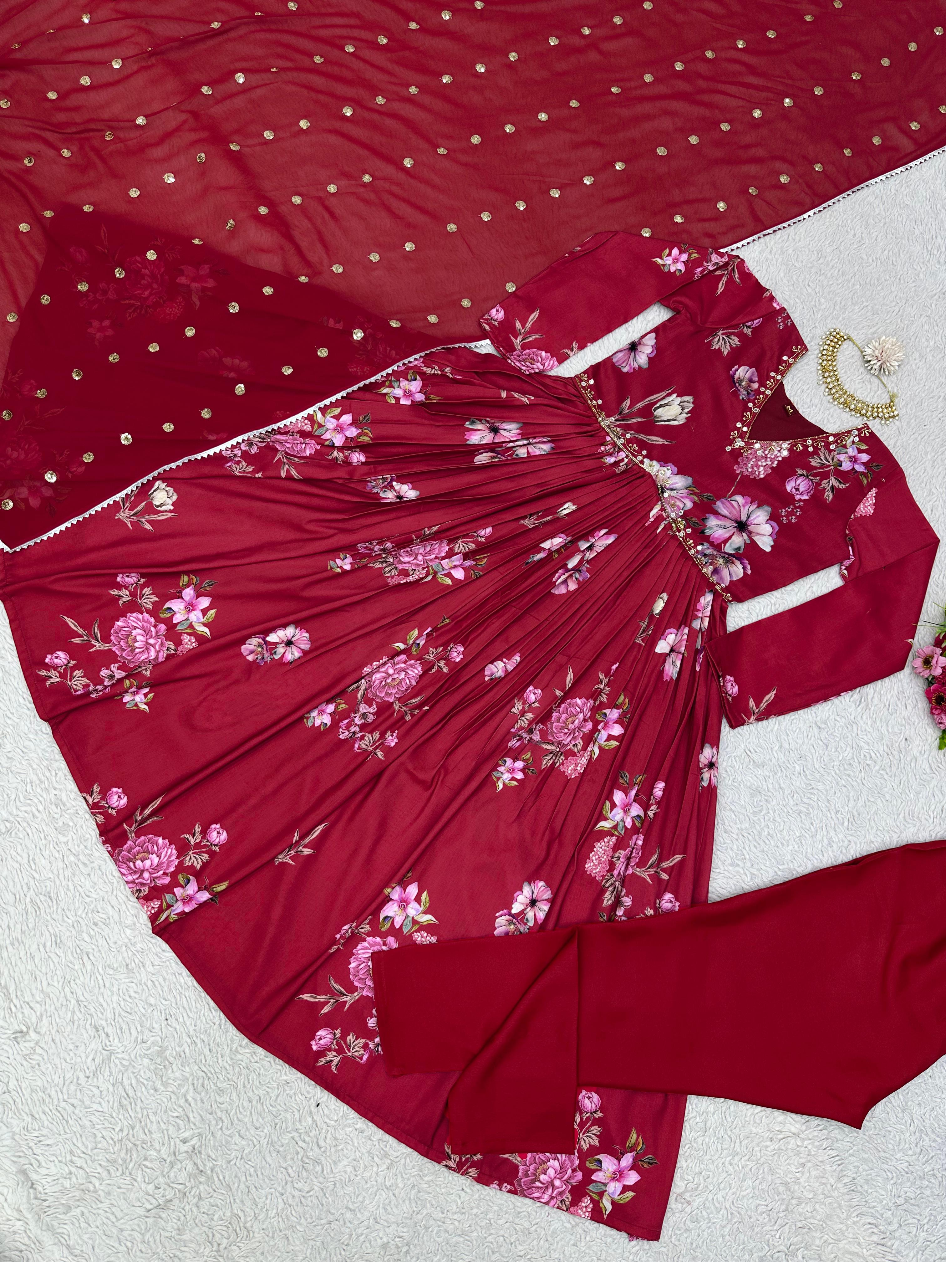 Handwork With Digital Printed Maroon Anarkali Suit