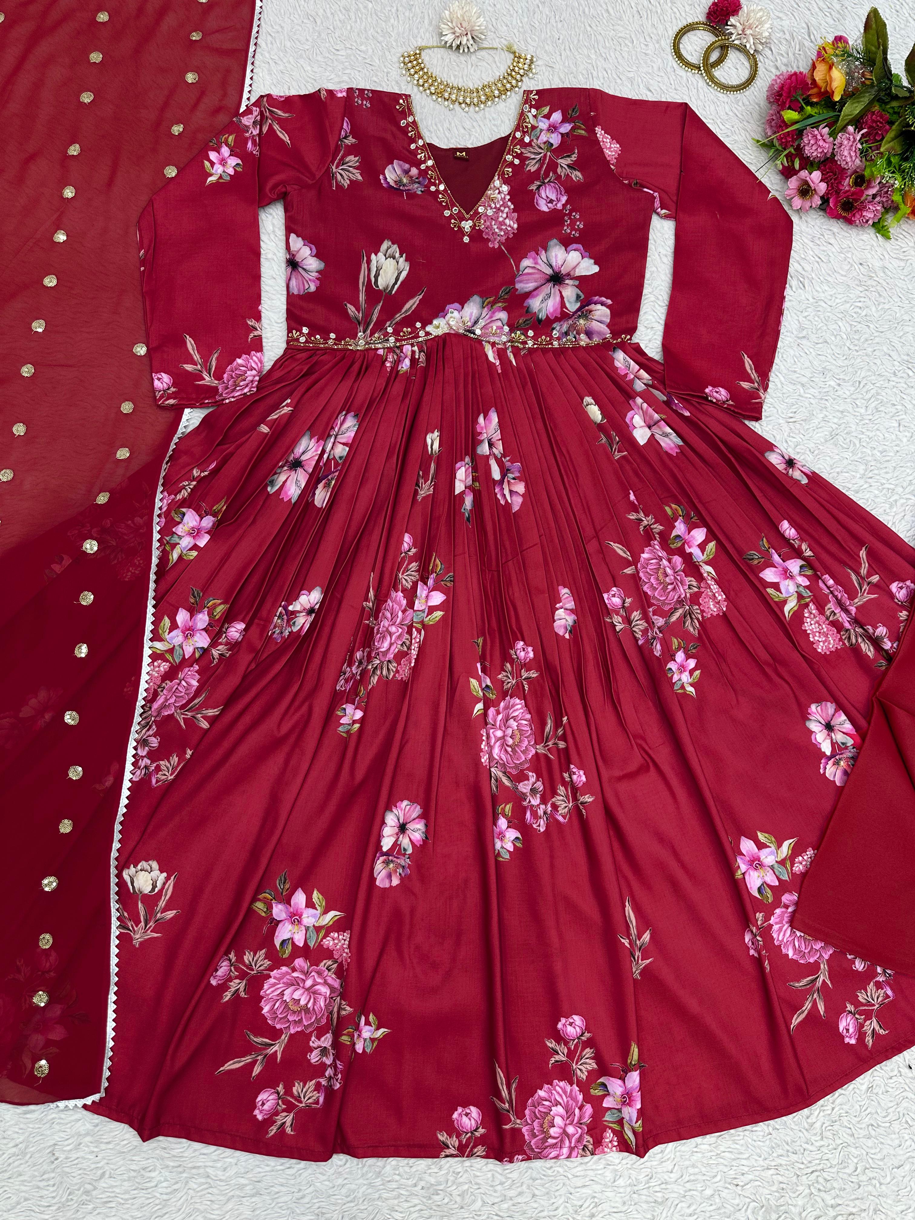Handwork With Digital Printed Maroon Anarkali Suit
