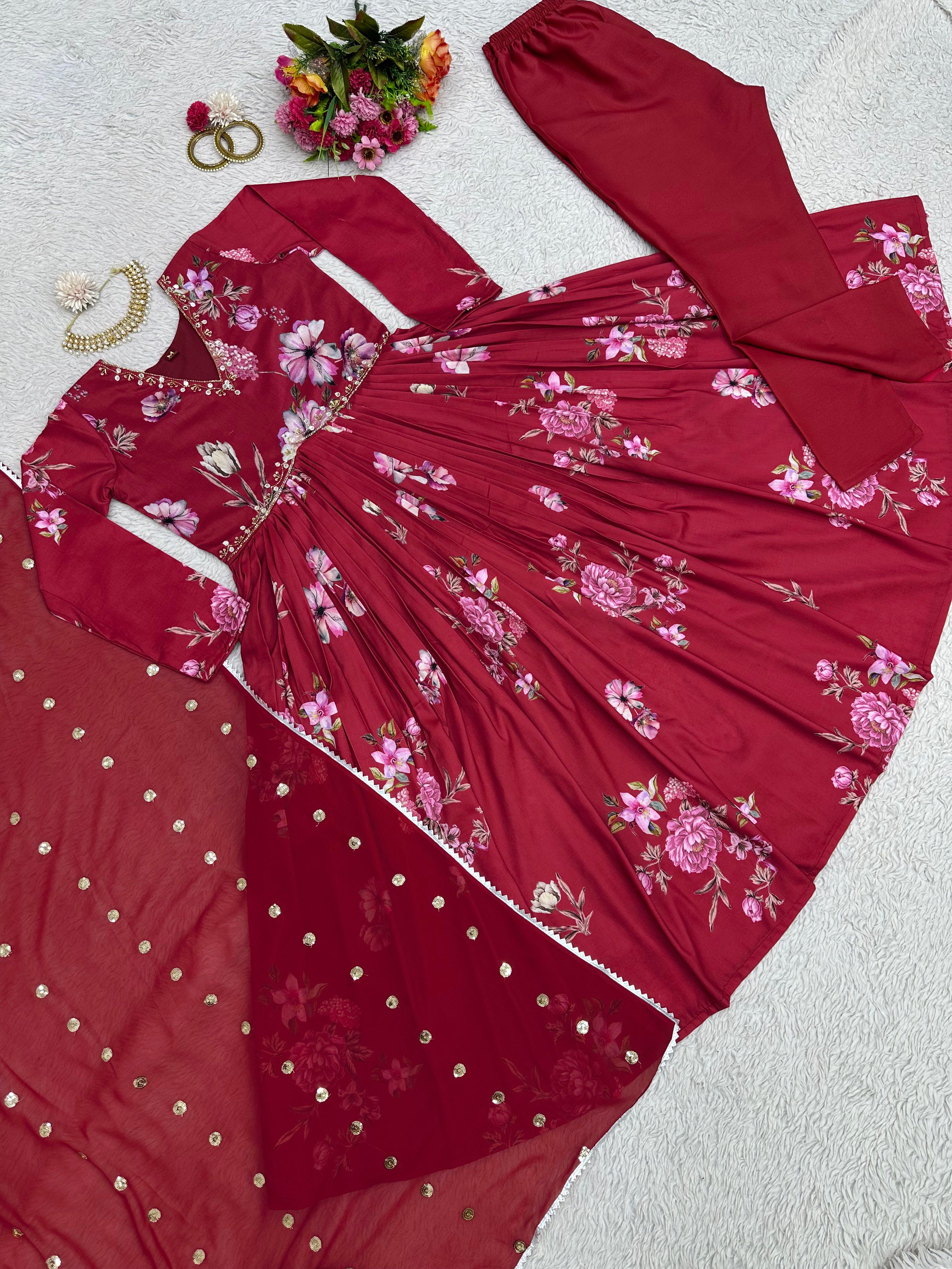 Handwork With Digital Printed Maroon Anarkali Suit
