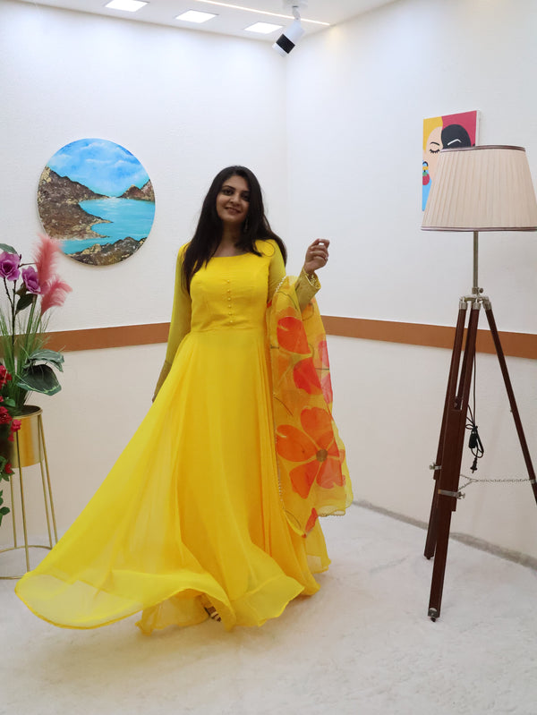 Plain Yellow Color Gown With Floral Print Dupatta