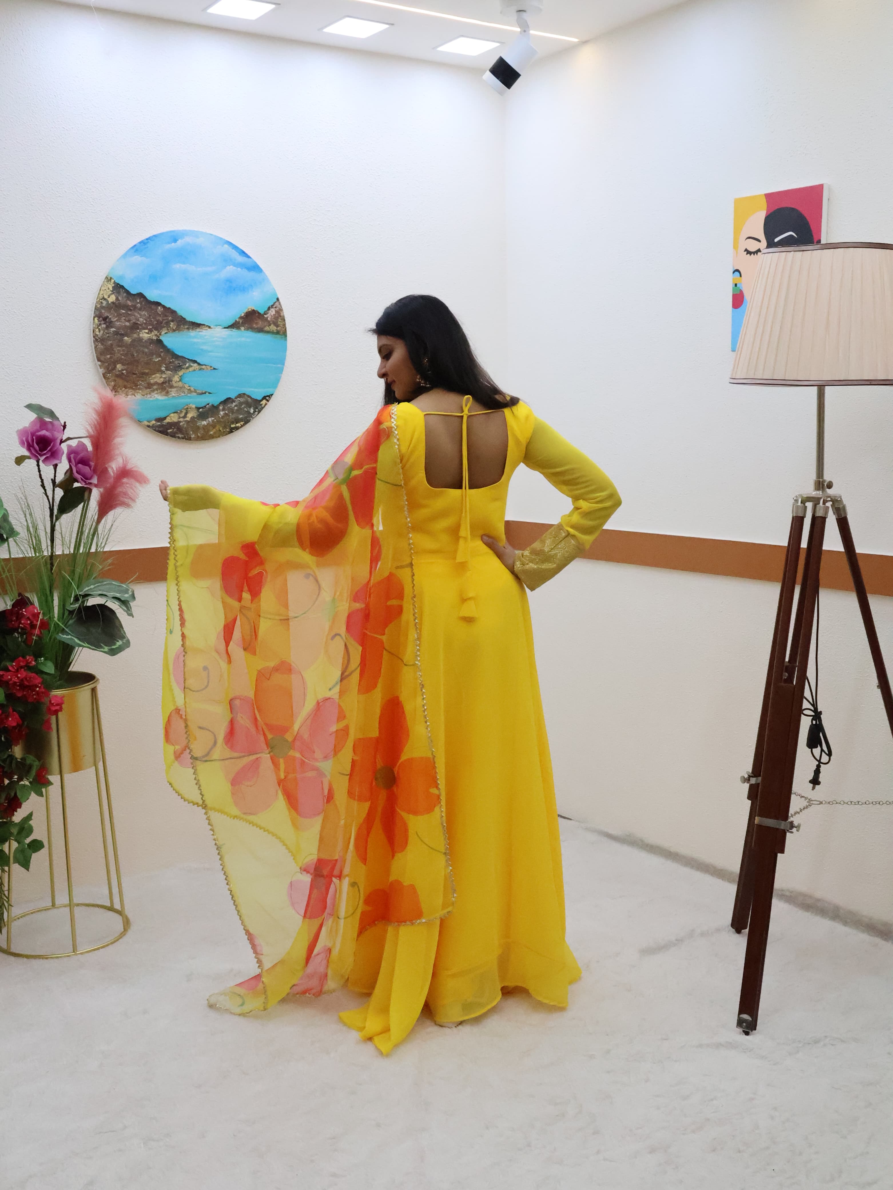 Plain Yellow Color Gown With Floral Print Dupatta