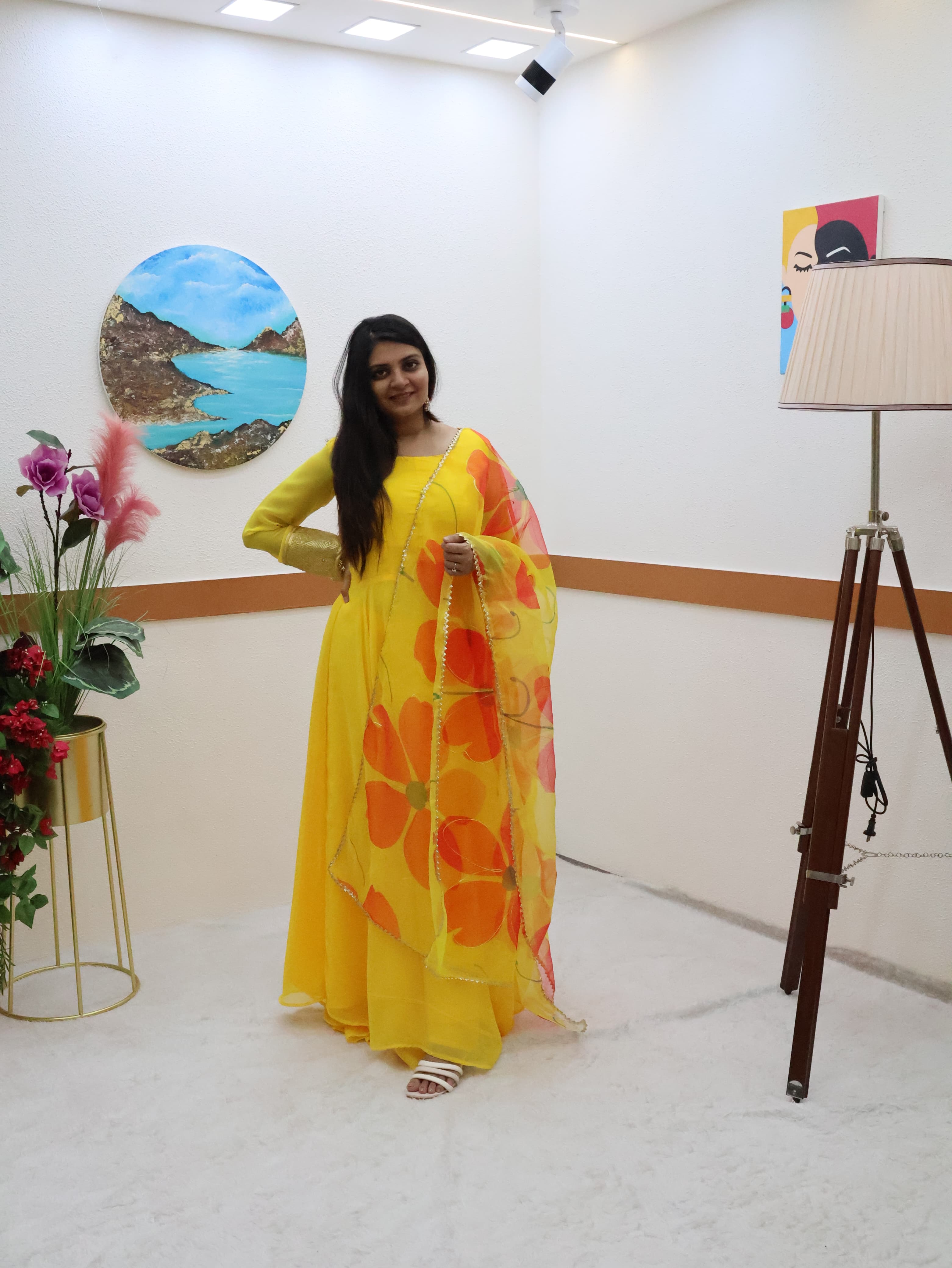 Plain Yellow Color Gown With Floral Print Dupatta
