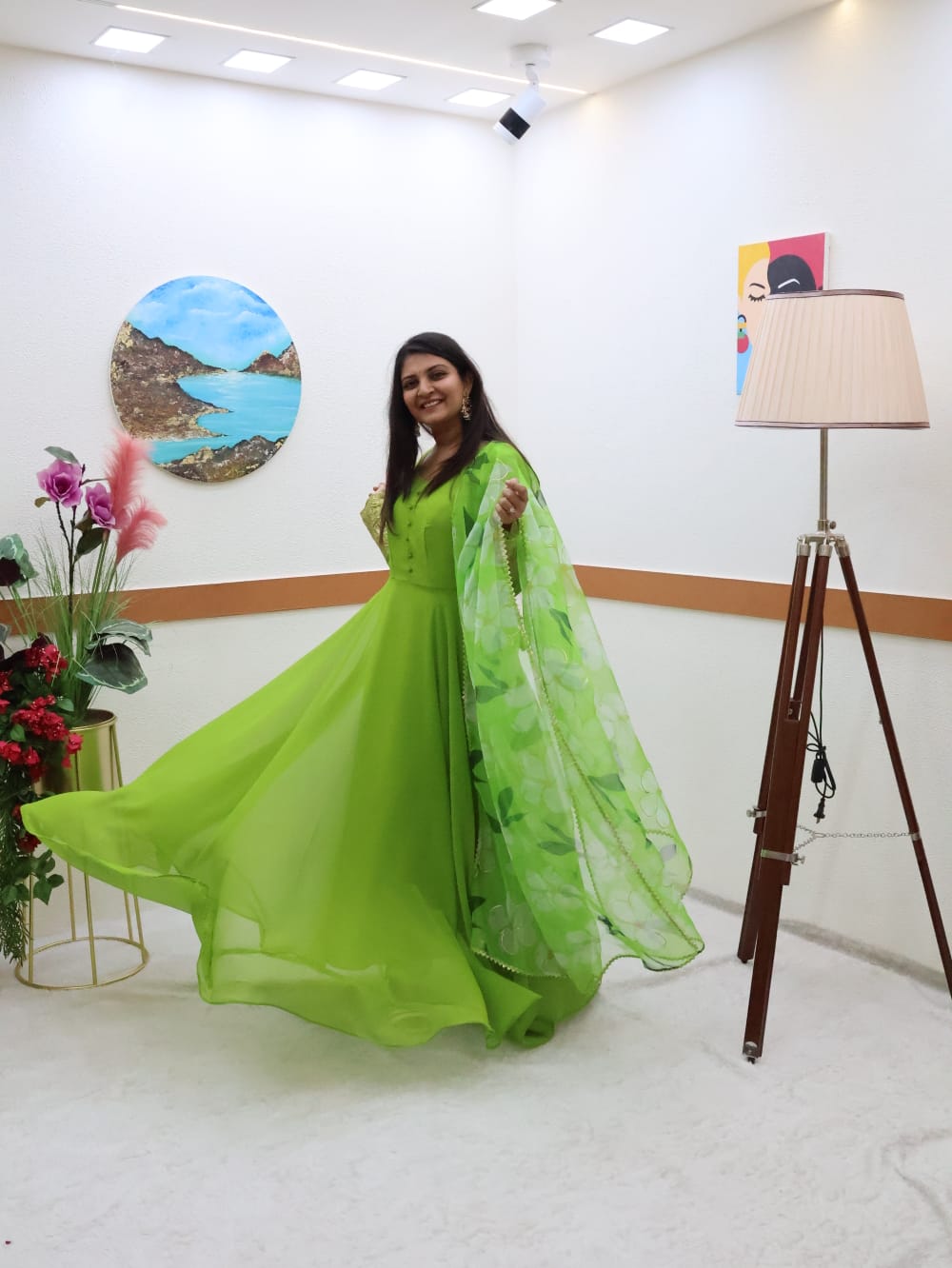 Plain Parrot Green Color Gown With Floral Print Dupatta
