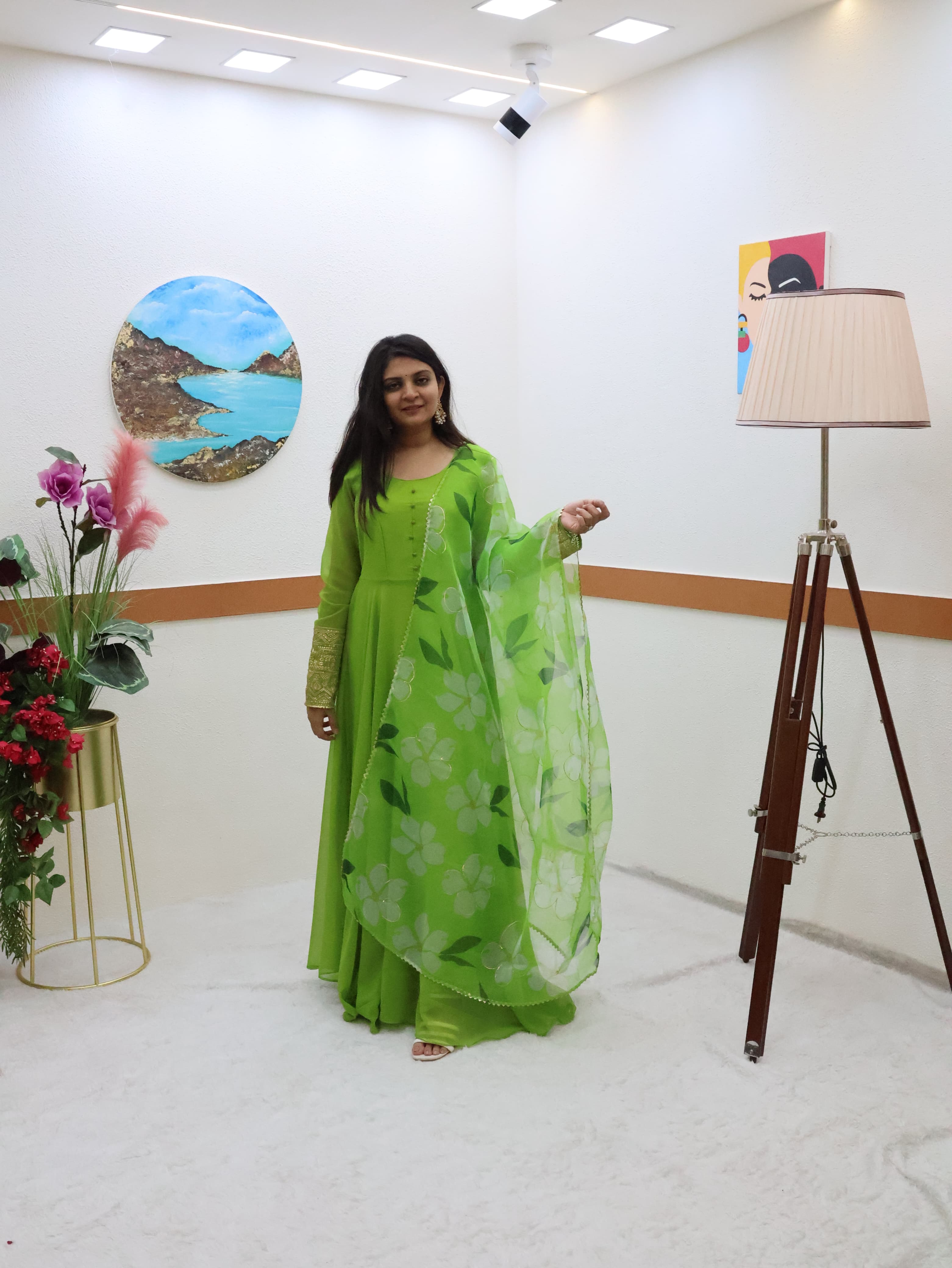 Plain Parrot Green Color Gown With Floral Print Dupatta