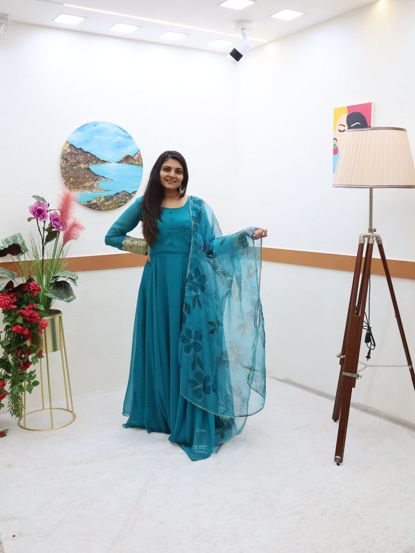 Plain Teal Blue Color Gown With Floral Print Dupatta
