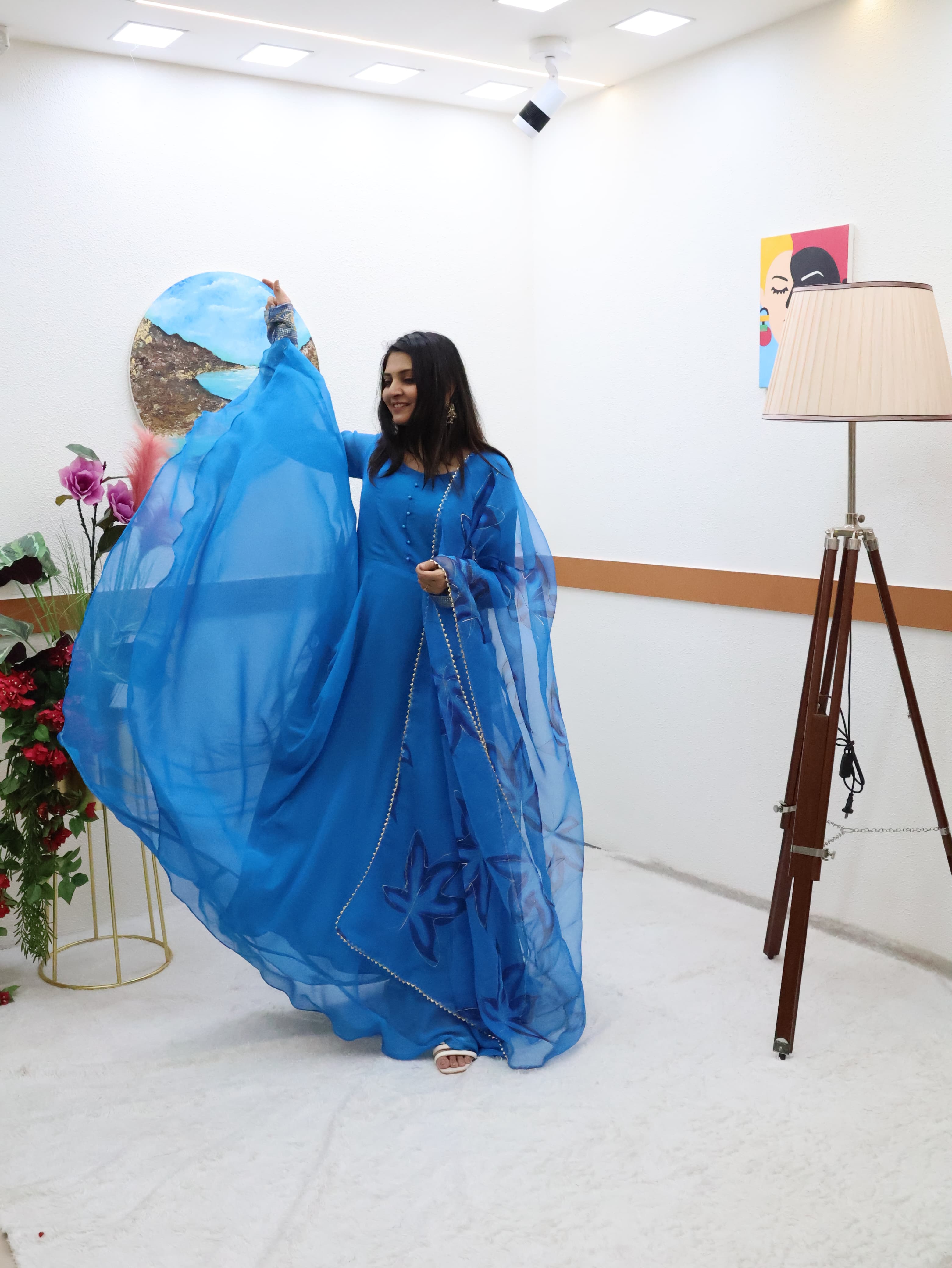 Plain Blue Color Gown With Floral Print Dupatta