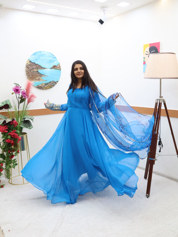 Plain Blue Color Gown With Floral Print Dupatta