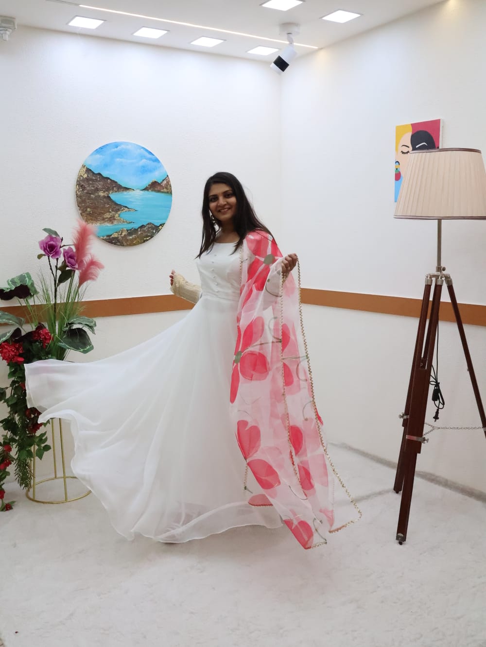 Plain White Color Gown With Floral Print Dupatta