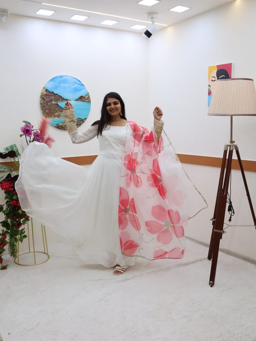 Plain White Color Gown With Floral Print Dupatta