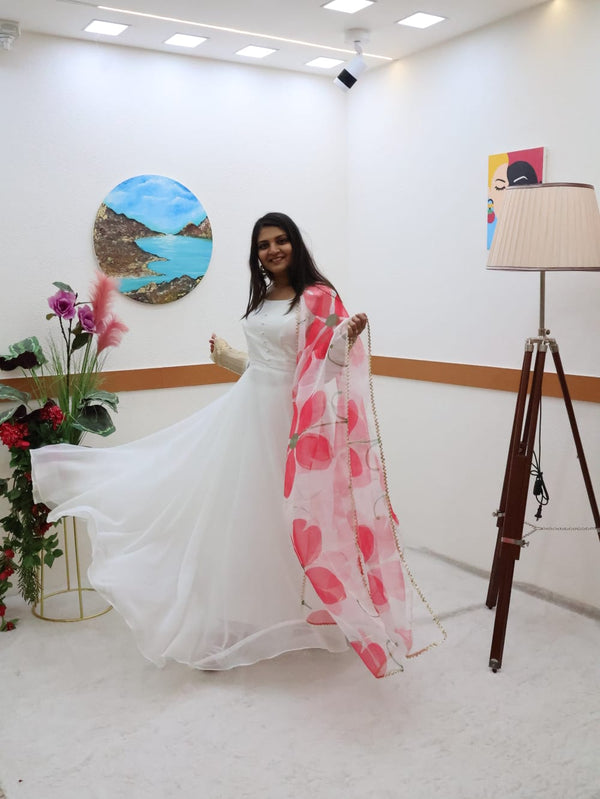 Plain White Color Gown With Floral Print Dupatta