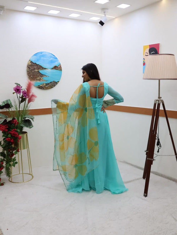 Plain Sky Blue Color Gown With Floral Print Dupatta