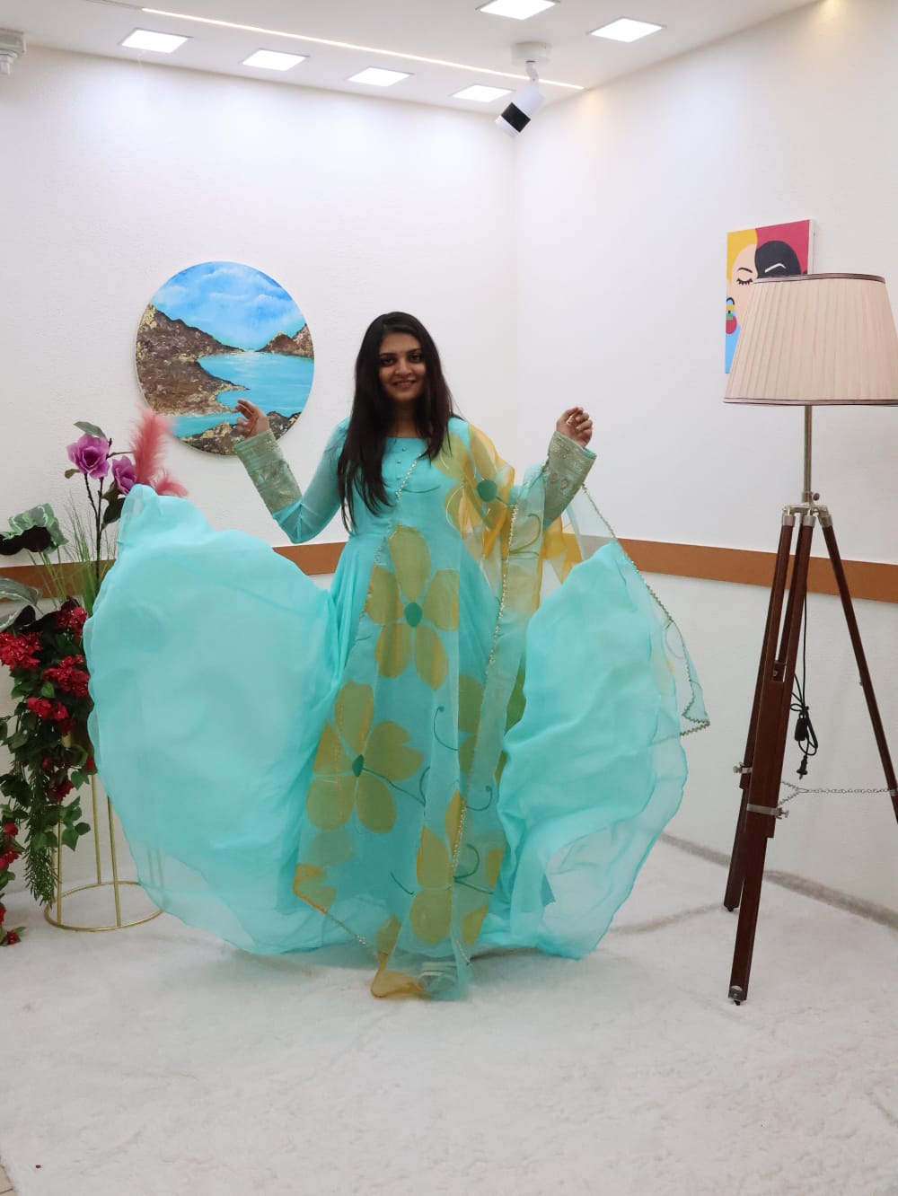 Plain Sky Blue Color Gown With Floral Print Dupatta