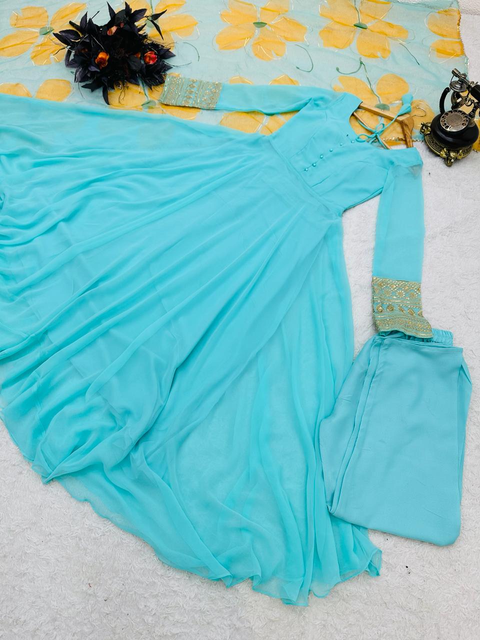 Plain Sky Blue Color Gown With Floral Print Dupatta