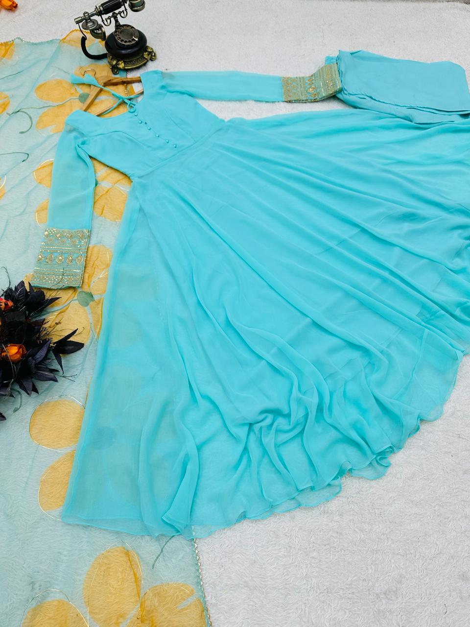 Plain Sky Blue Color Gown With Floral Print Dupatta