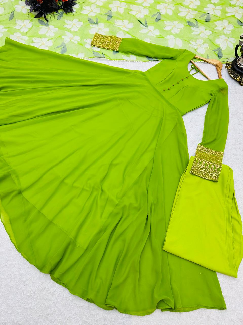 Plain Parrot Green Color Gown With Floral Print Dupatta
