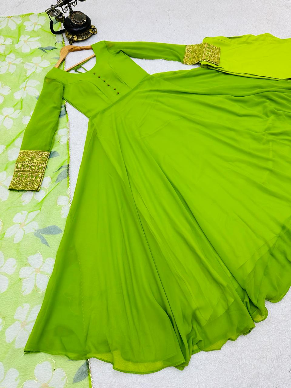 Plain Parrot Green Color Gown With Floral Print Dupatta