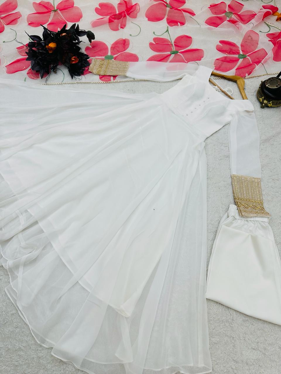 Plain White Color Gown With Floral Print Dupatta