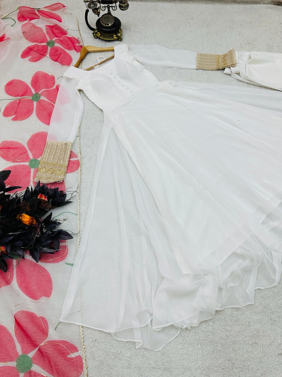 Plain White Color Gown With Floral Print Dupatta
